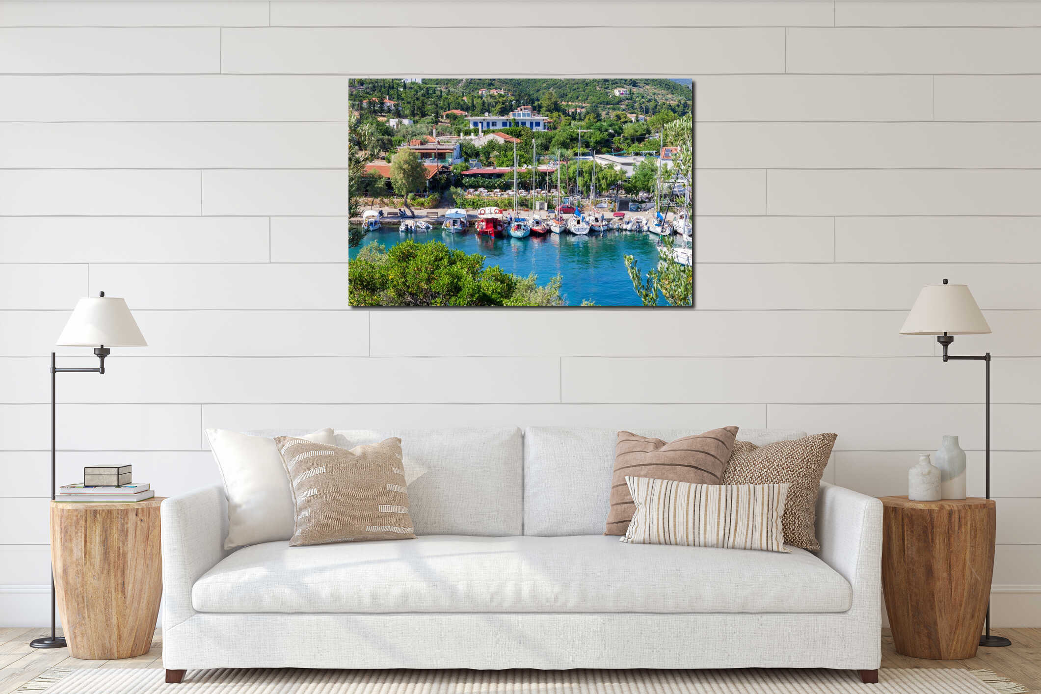 June 15th 2019 - Steni Vala, Alonissos island, Greece - View to the picturesque little harbor of Steni Vala village, Alonnisos isl interior mockup