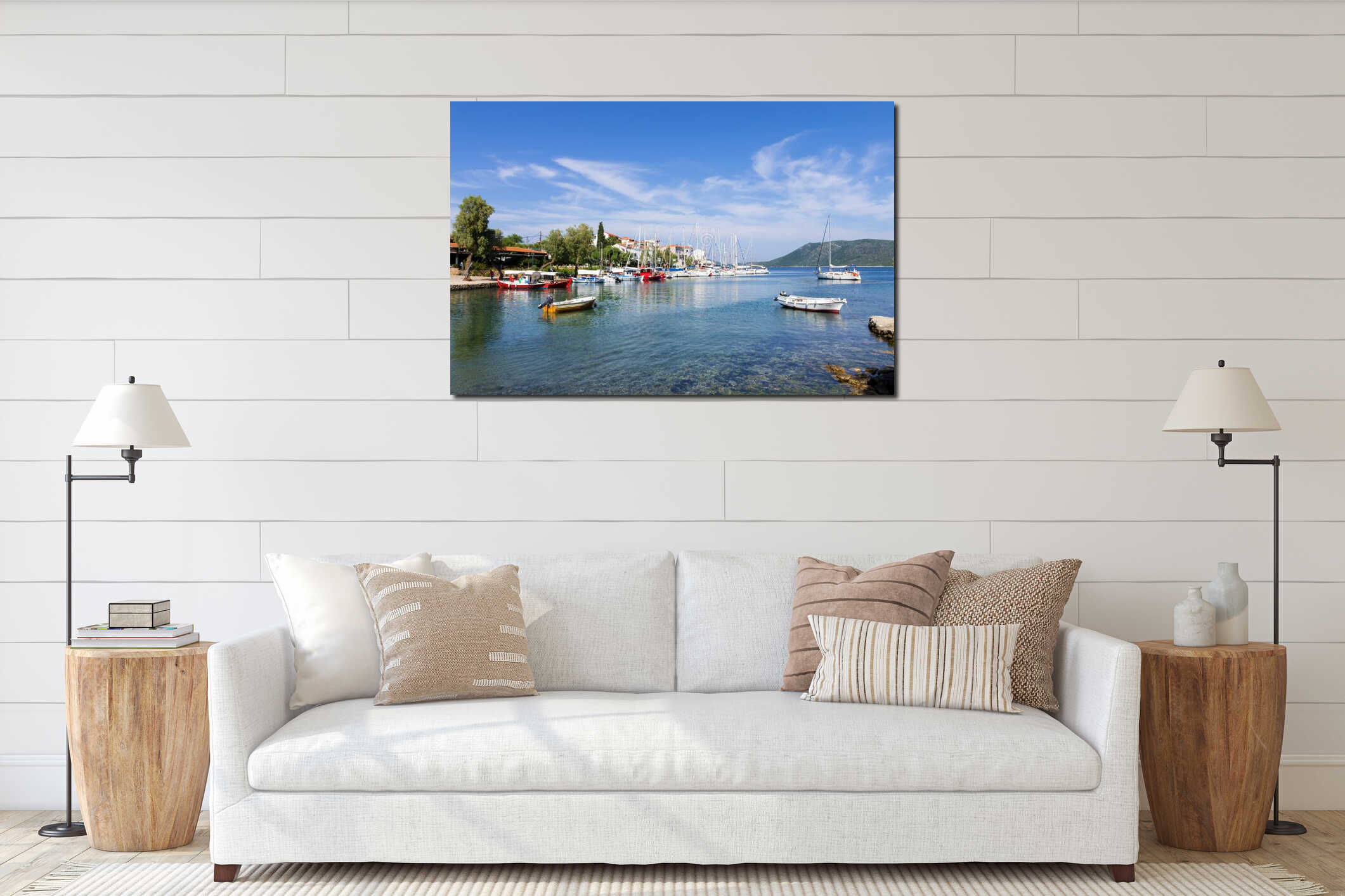 June 15th 2019 - Steni Vala, Alonissos island, Greece - View to the picturesque little harbor of Steni Vala village, Alonnisos isl interior mockup