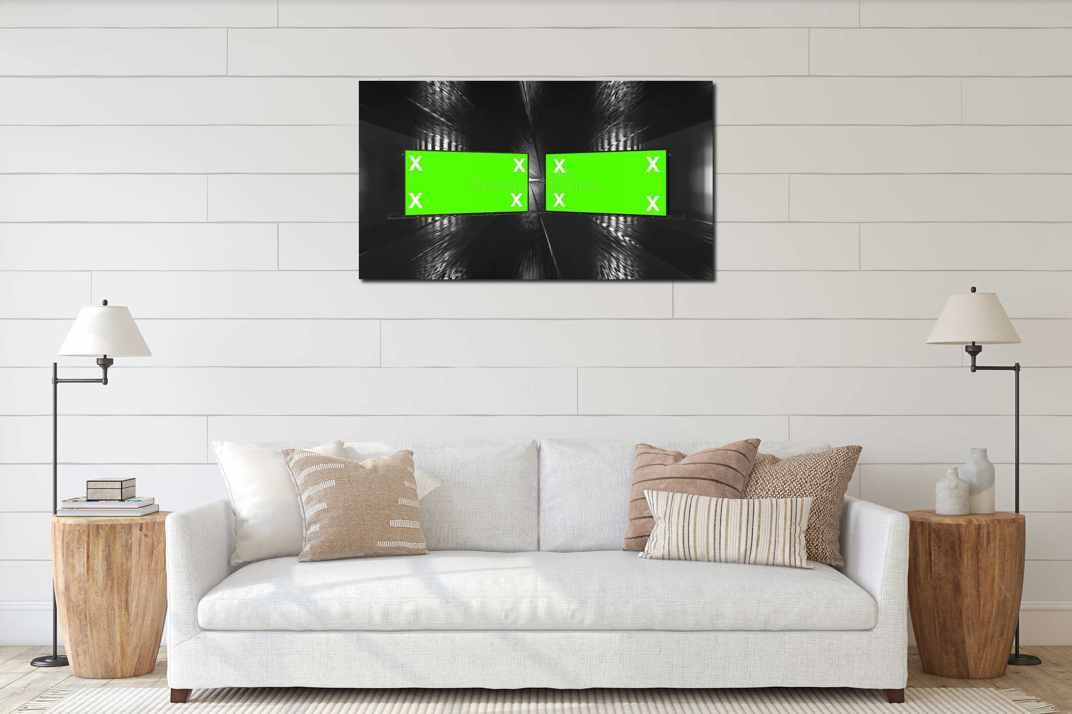Retro, futuristic stage and two blank, green screen billboard for advertisement, message. Magnificent metal technology. tunnel, in interior mockup