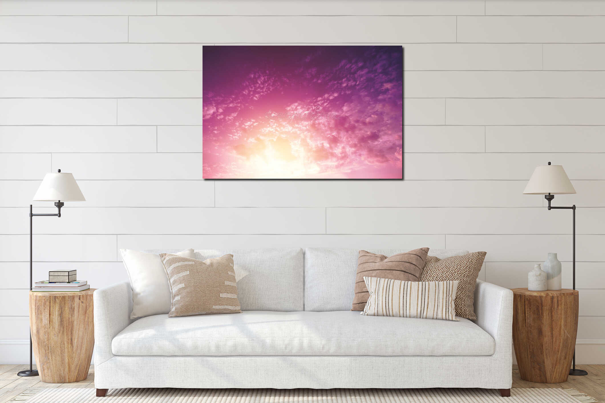 Creative background pink fluffy vanilla clouds. The concept of lightness, magic, magic, fairy tale, good. Background for cards, interior mockup