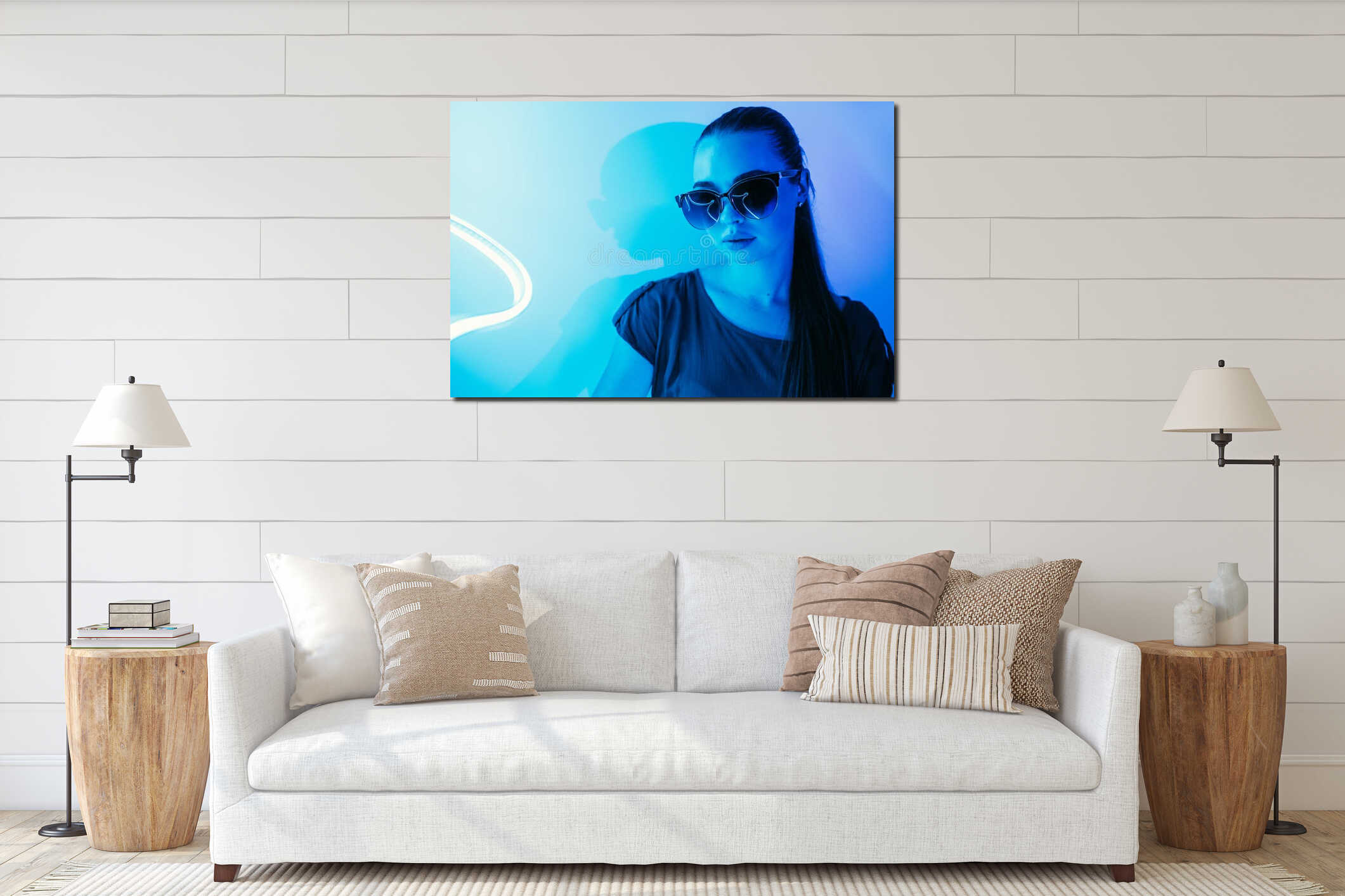Night portrait of a girl in blue neon light. interior mockup