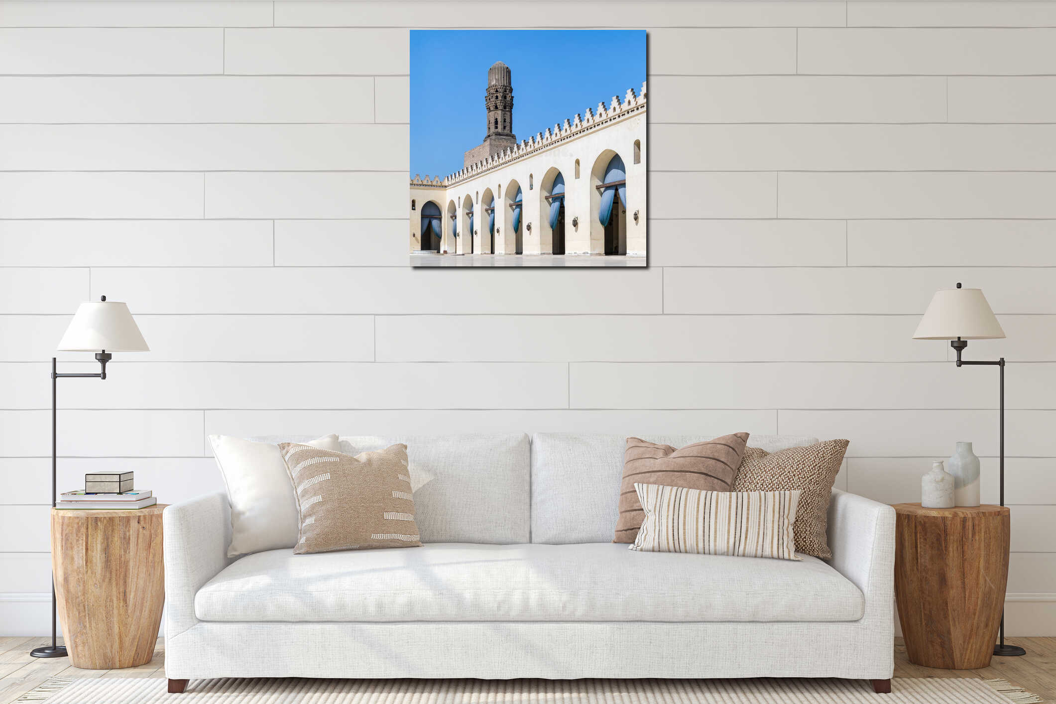 Minaret of historic Al Hakim Mosque known as The Enlightened Mosque, Moez Street, Old Cairo, Egypt interior mockup