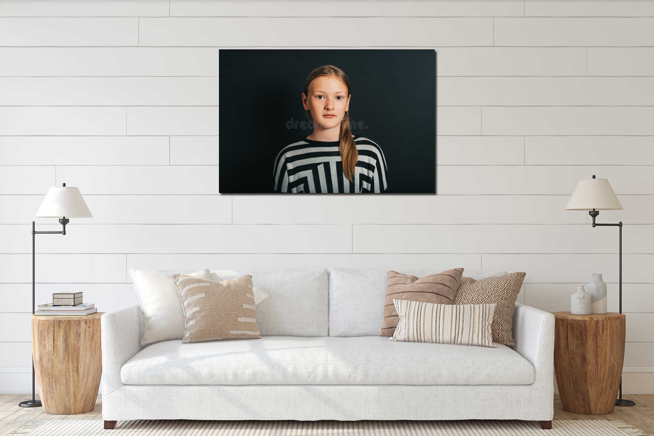 Dark studio portrait of young kid girl interior mockup