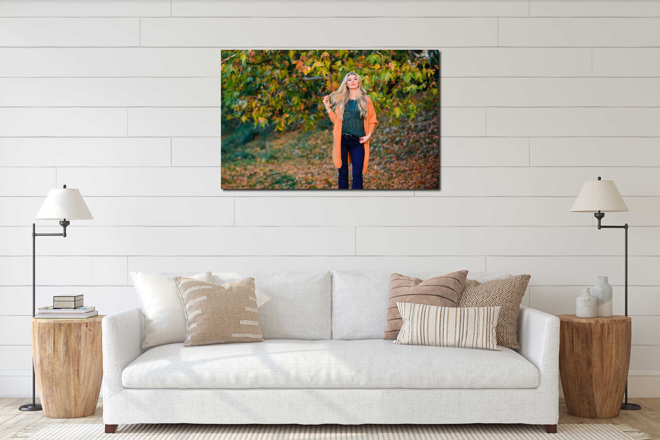 Girl adorable blonde posing in warm and cozy outfit autumn nature background defocused. Cozy outfit ideas for weekend interior mockup