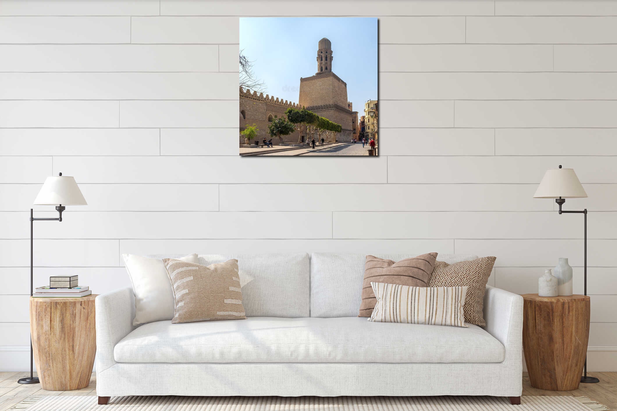 Minaret of public historic Al Hakim Mosque - The Enlightened Mosque, Moez Street, Cairo, Egypt interior mockup