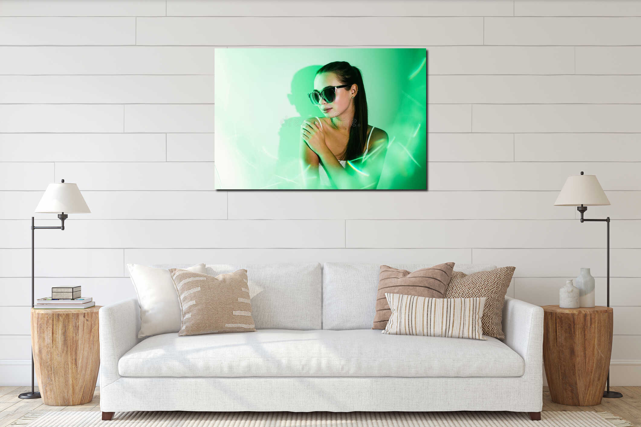 Night portrait of a girl in green neon light flashes. interior mockup
