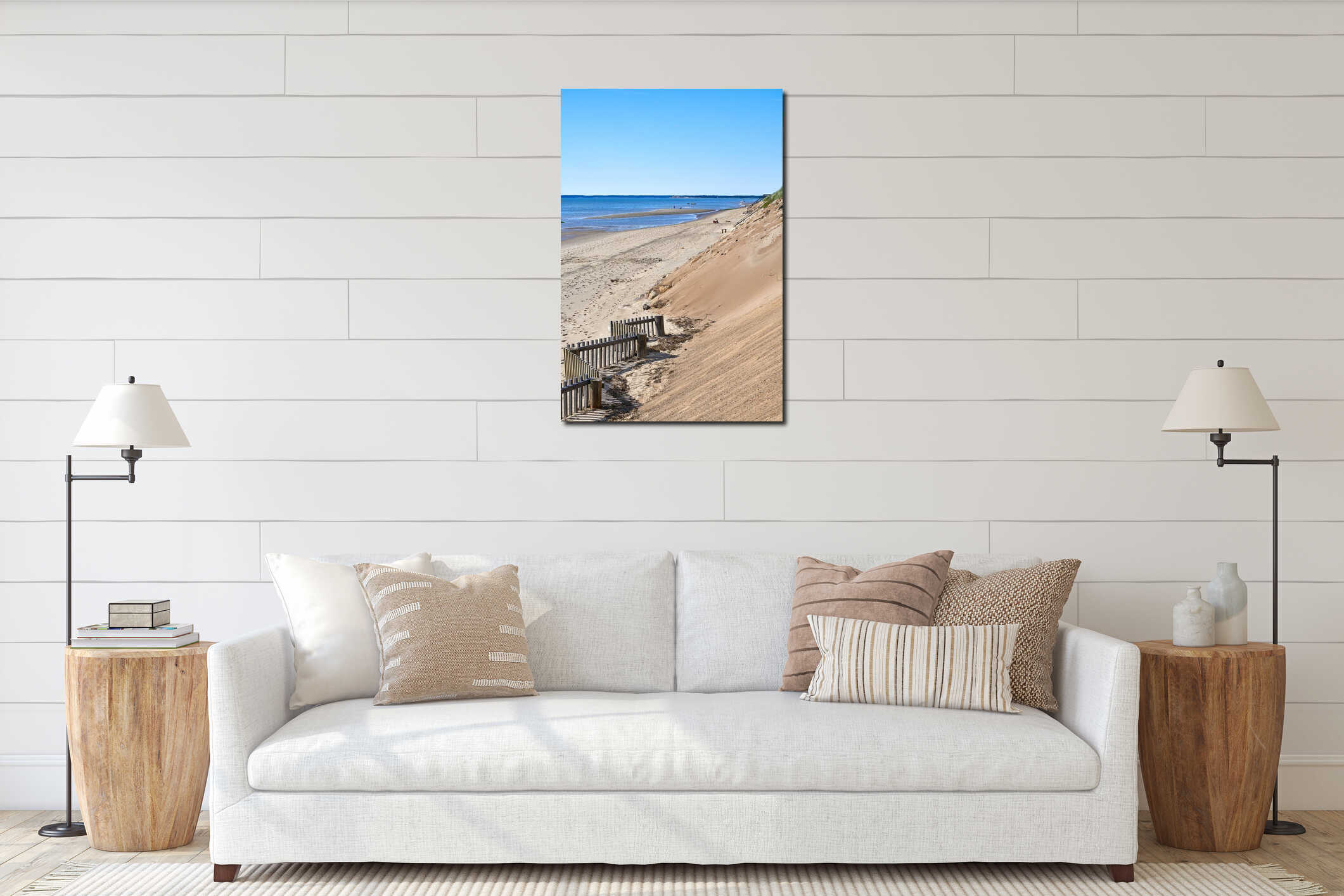 Looking along the beach toward the water in Cape Cod interior mockup