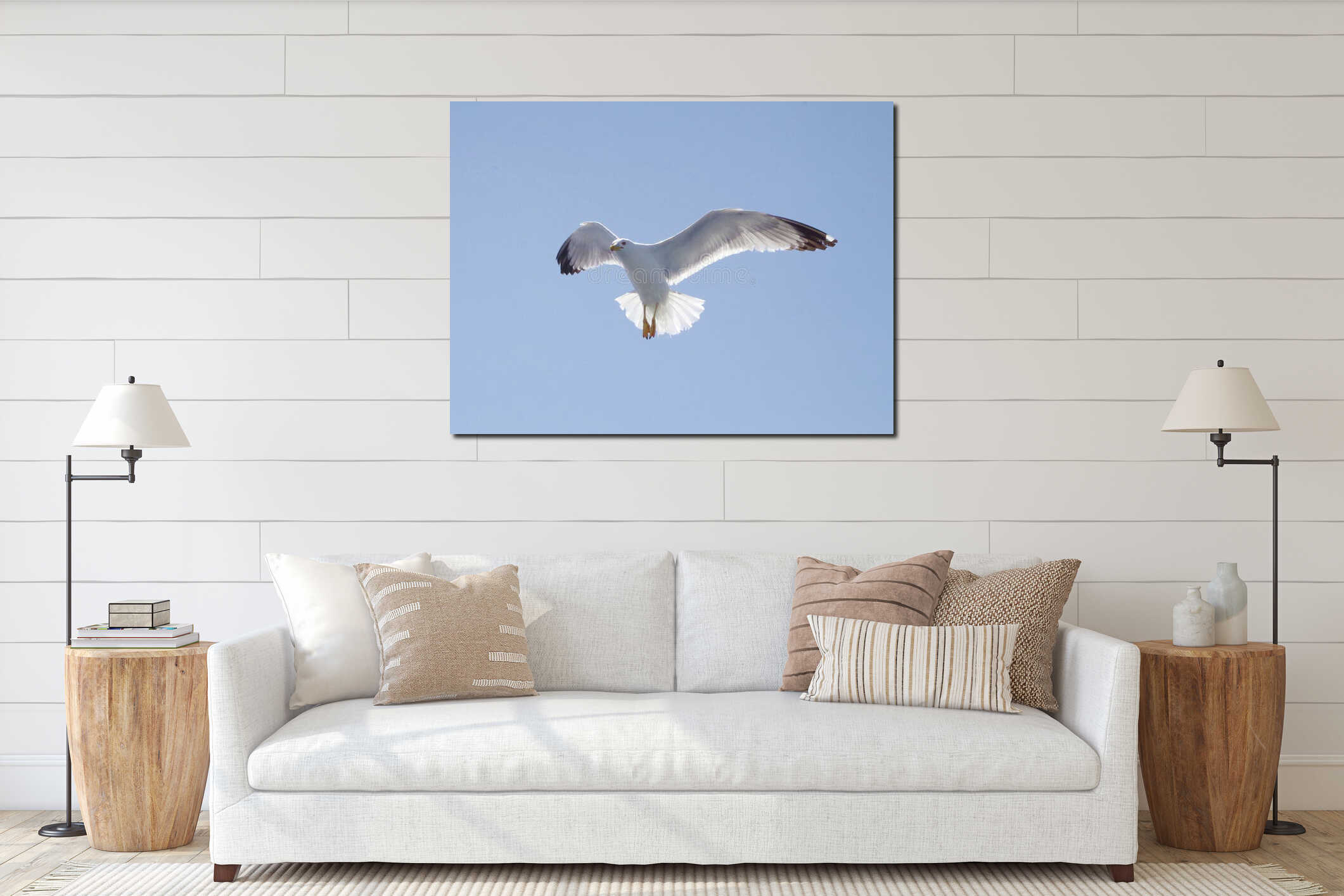 Seagull bird spreads out wing on blue sky. interior mockup