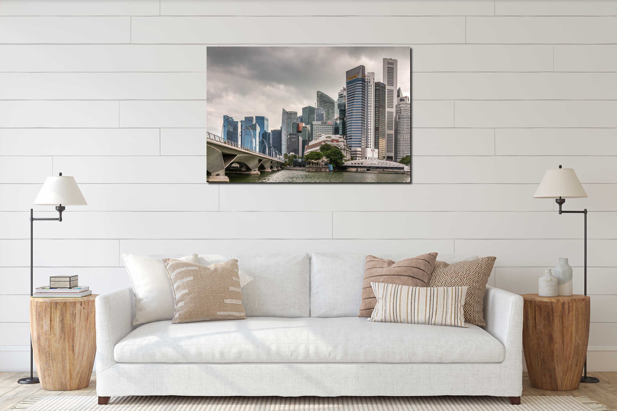 Anderson and Esplanade bridge and financial district under heavy cloudscape, Singapore interior mockup