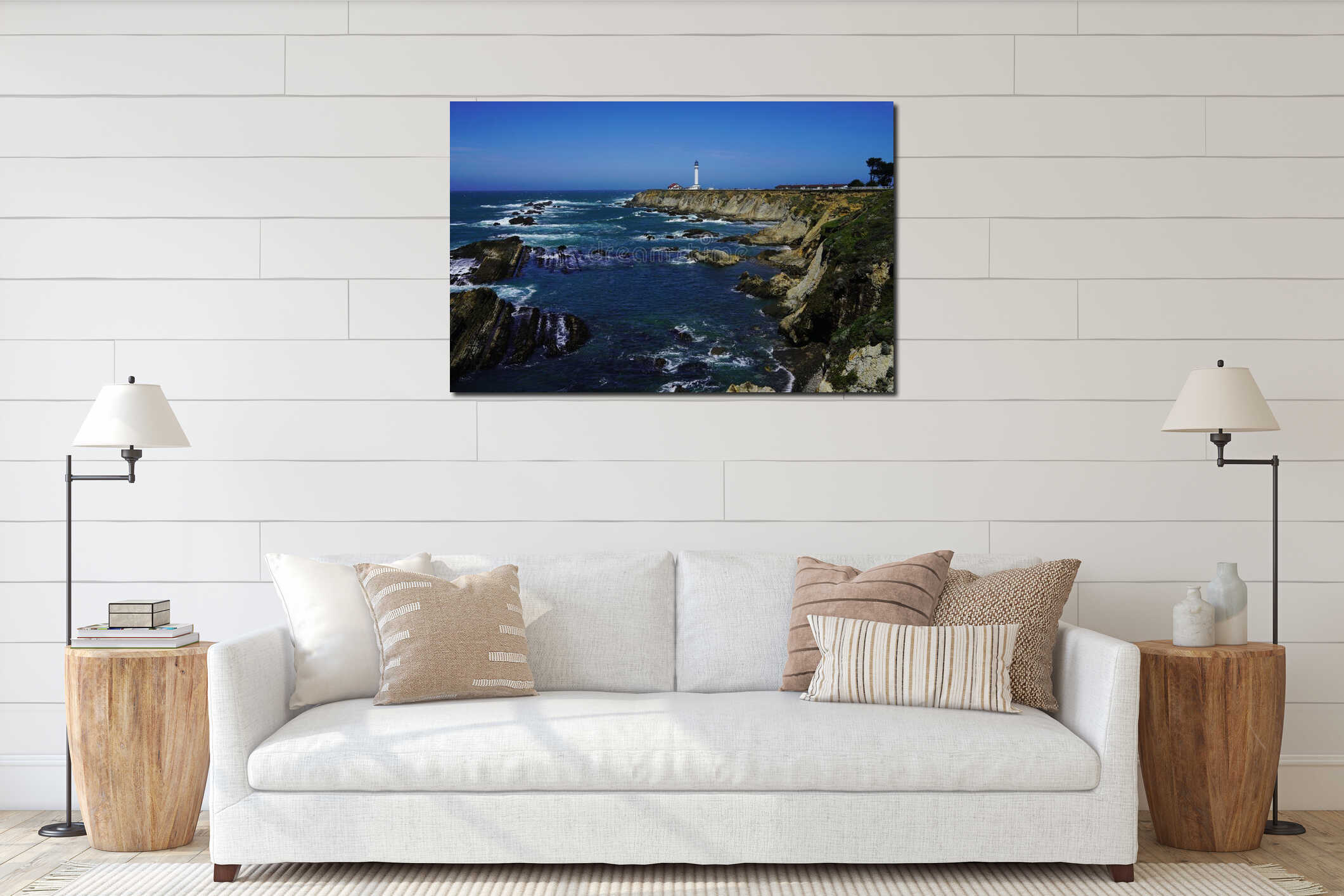 Beautiful coastline scenery and lighthouse on Pacific Coast interior mockup