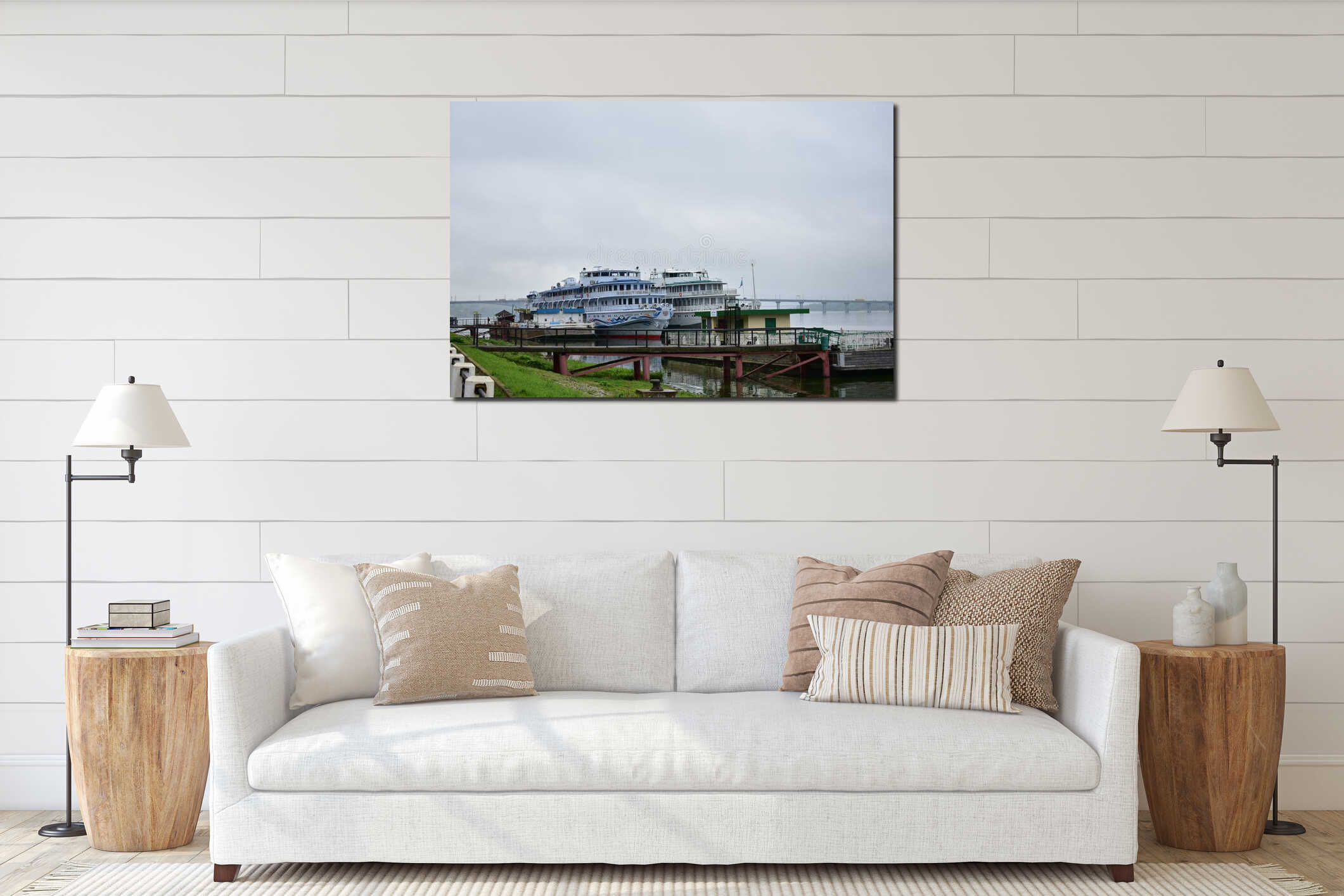 Berth on the river cruise ships embankment, bridge automobile, fog over interior mockup