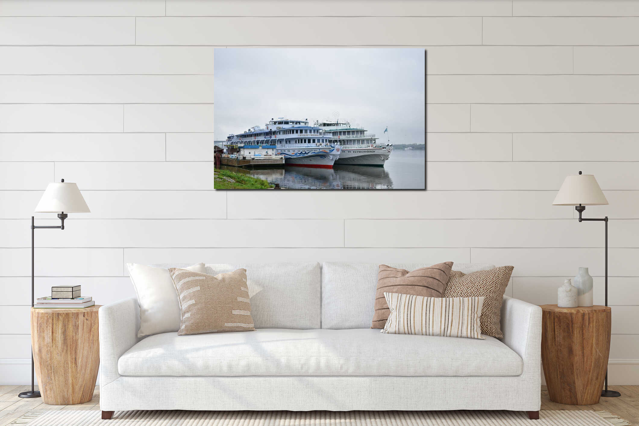 Pier on the foggy river cruise ships retro ships in the water surface reflected thick interior mockup