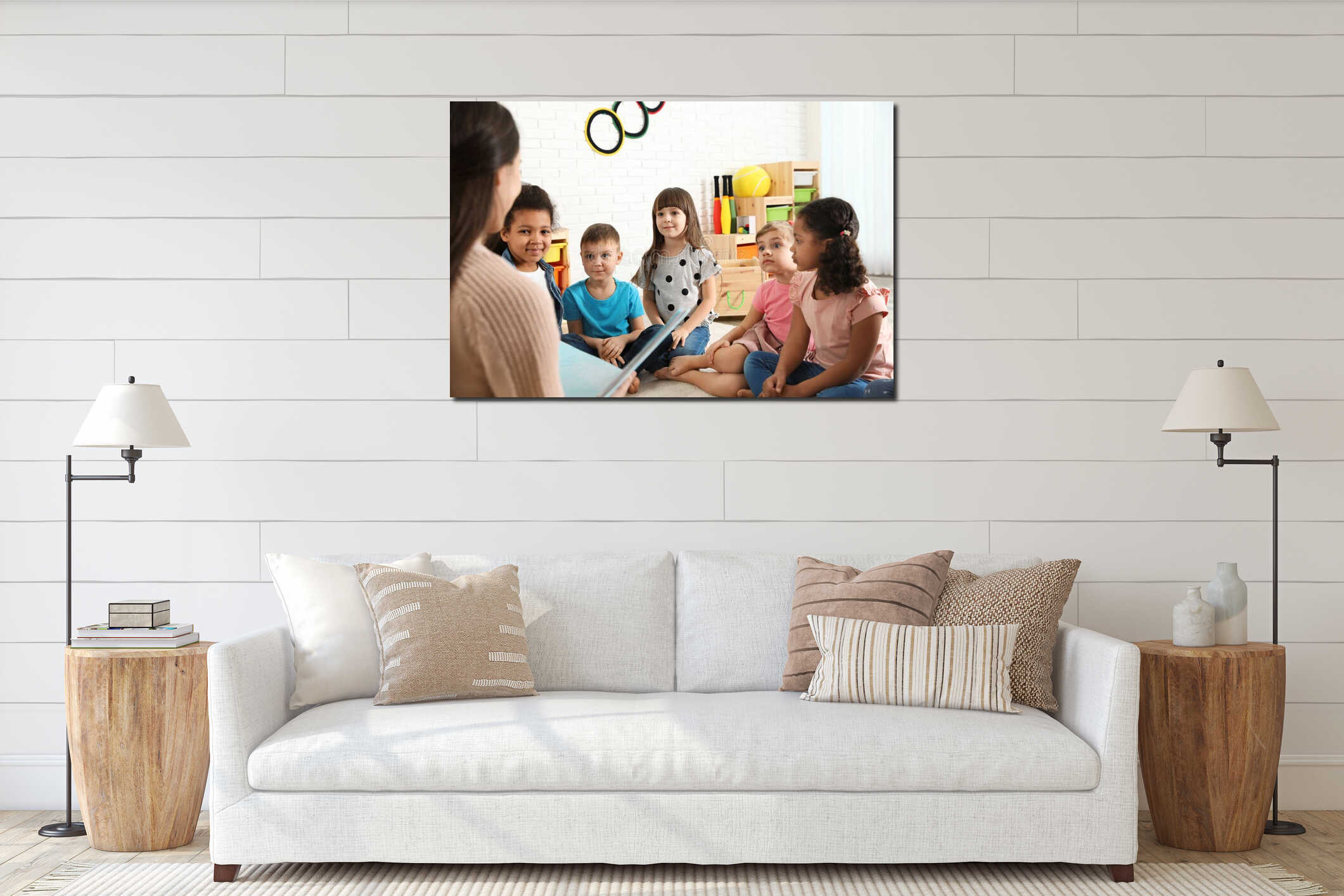 Kindergarten teacher reading book to cute little children interior mockup