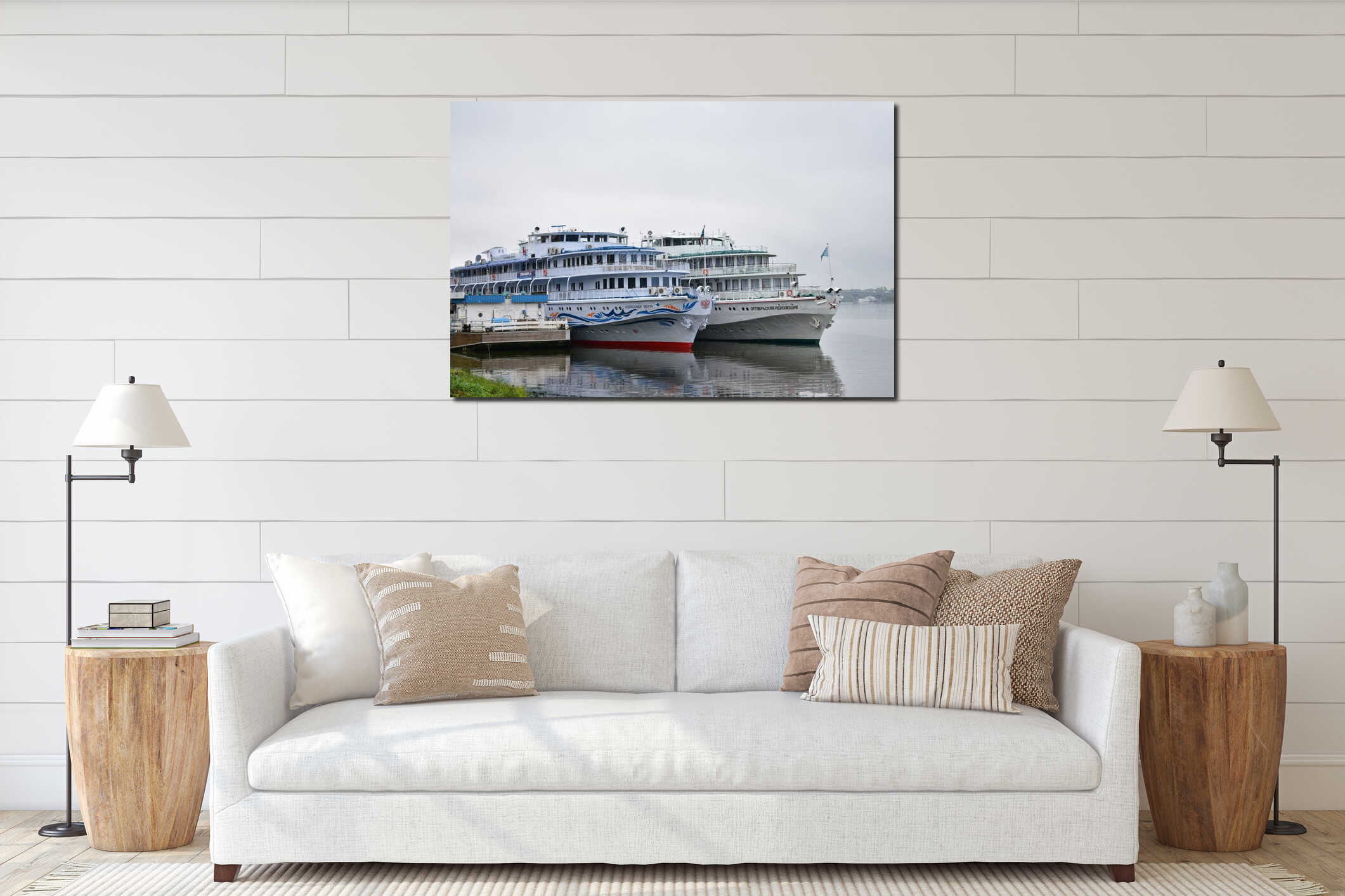 Water surface of the river cruise ships retro ships in the water surface reflected thick interior mockup