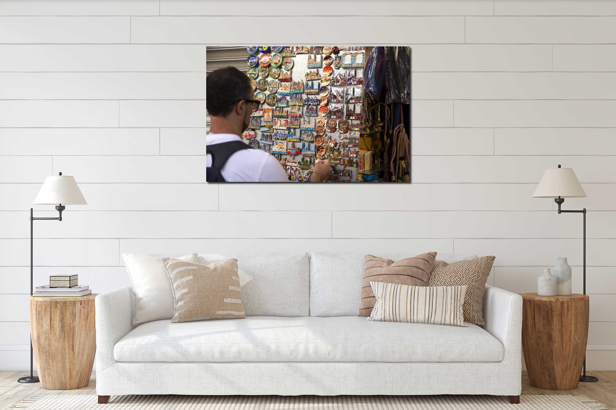 Traveler chooses a fridge magnet. Showcase with fridge magnets. Shopping and travel concept. Souvenirs from Istanbul interior mockup