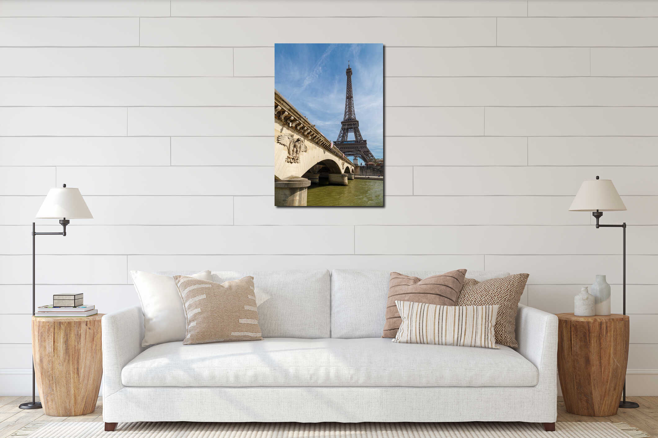 Paris, France, March 30, 2017: Tour Eiffel Eiffel Tower, river Seine at sunset. Eiffel Tower, named after engineer interior mockup