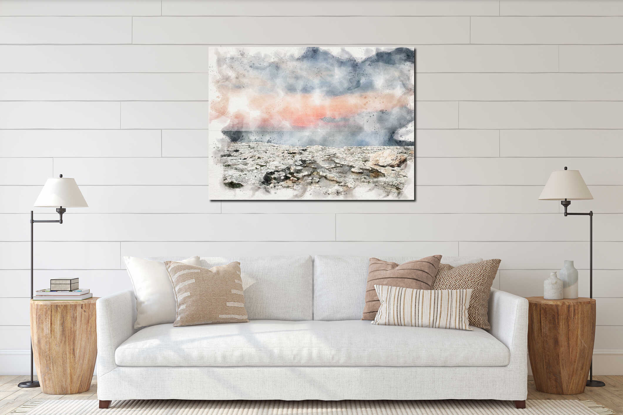 A beautiful watercolor after sunset scene with glowing twilight sky illuminated with pink over a calm dark blue sea with white interior mockup