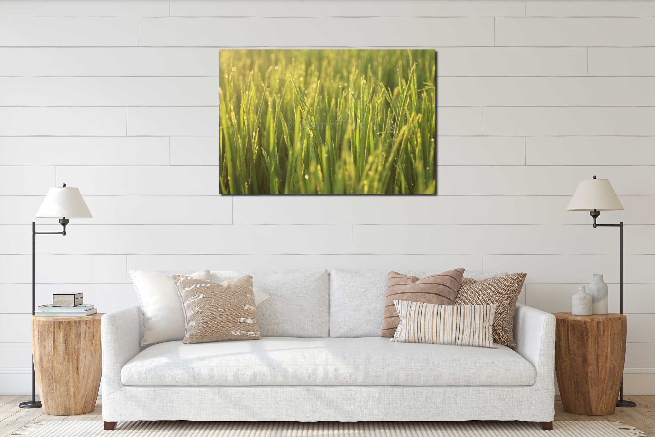 Nature background. Field of wheat. Dreamy natural background with morning golden sunrise sunset light over the field meadow. interior mockup