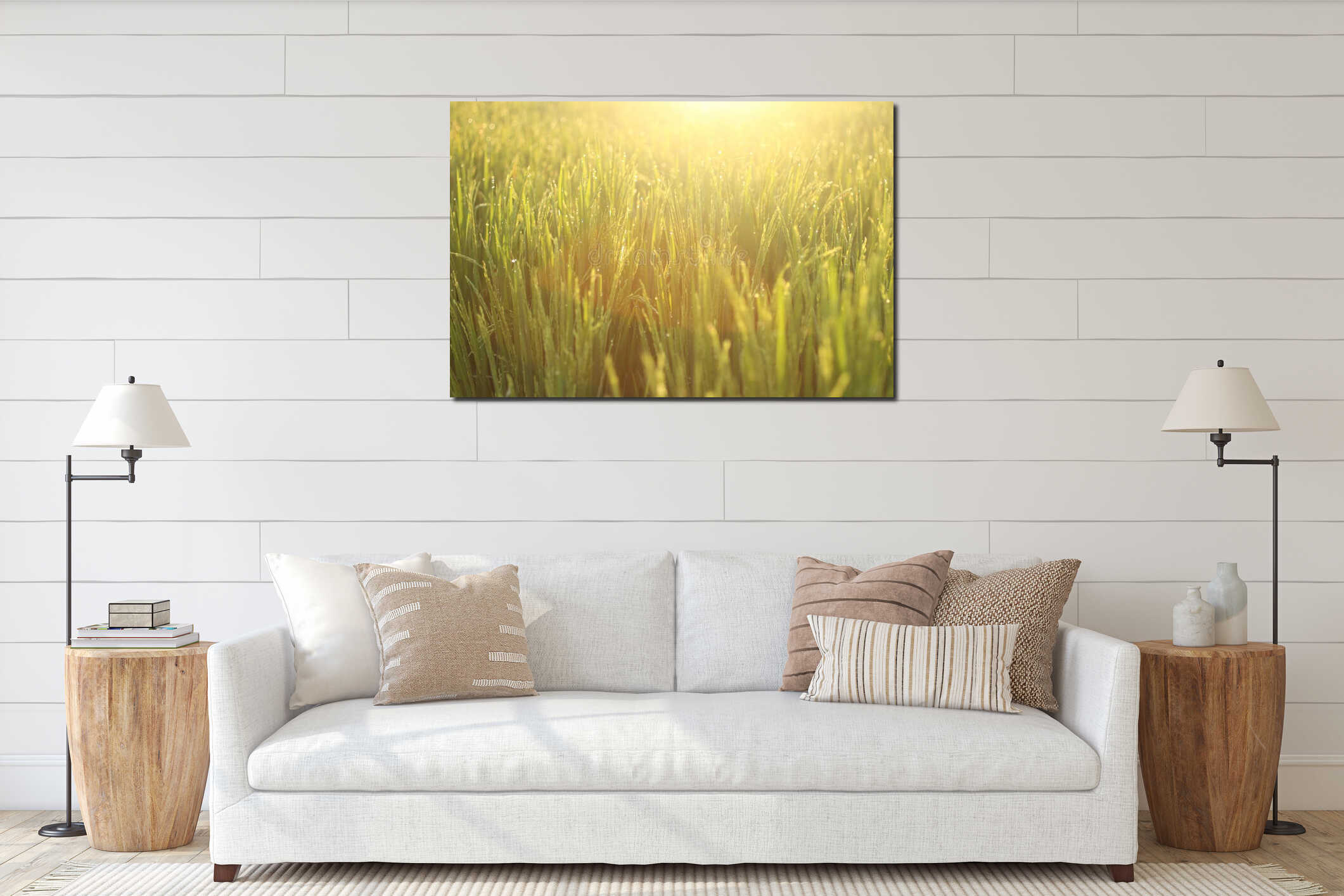 Nature background. Field of wheat. Dreamy natural background with morning golden sunrise sunset light over the field. Copy space interior mockup