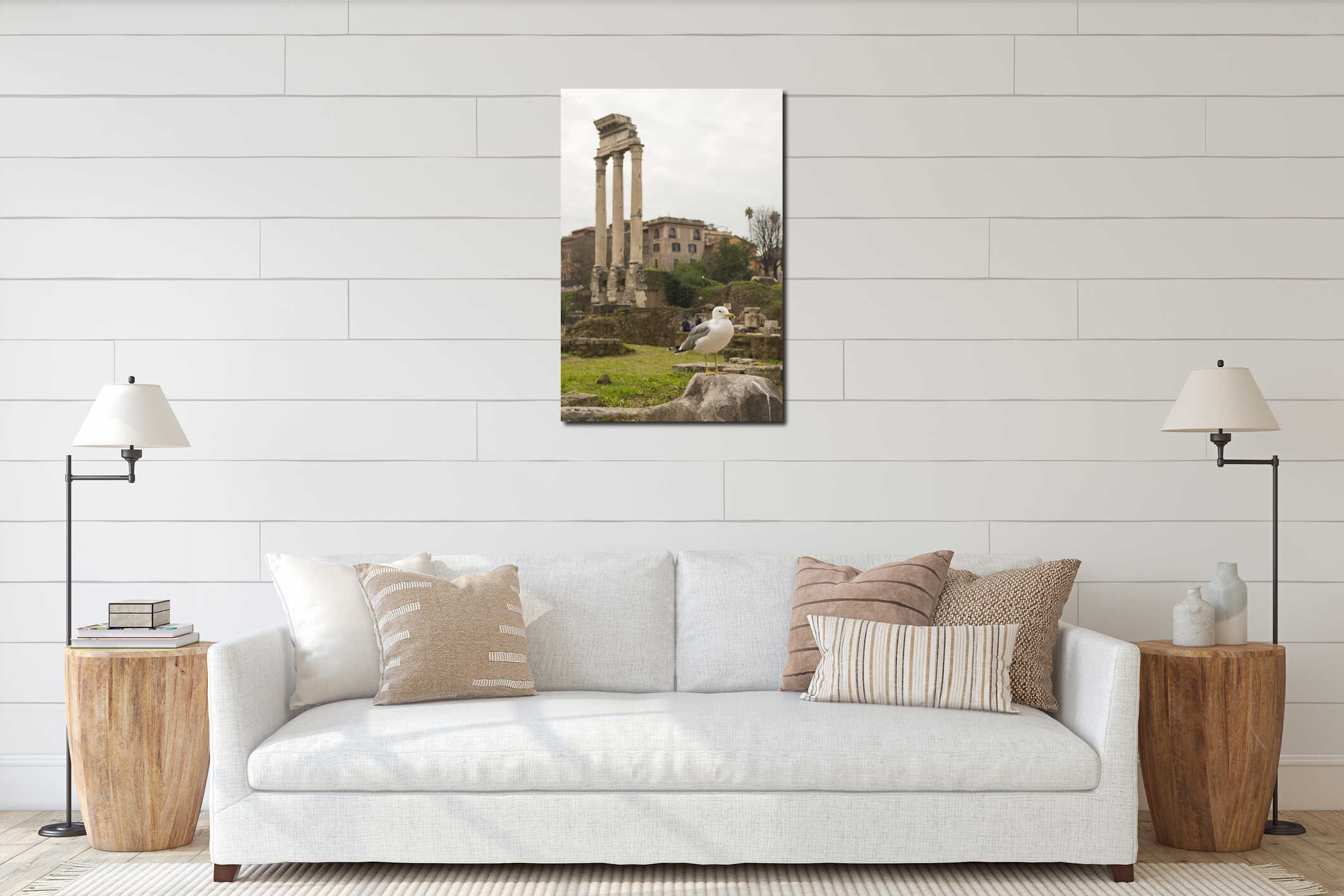 Roman Forum ruins and seagull in Rome, Italy. Italian ancient buildings and landmarks interior mockup