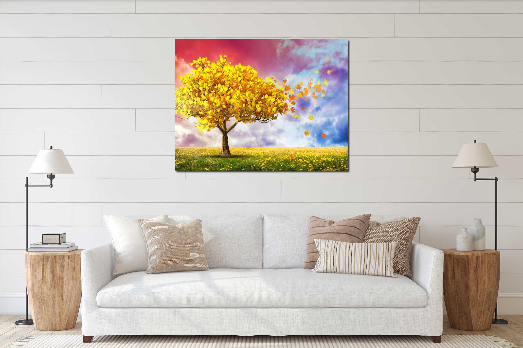 Fantasy landscape with red autumn tree interior mockup