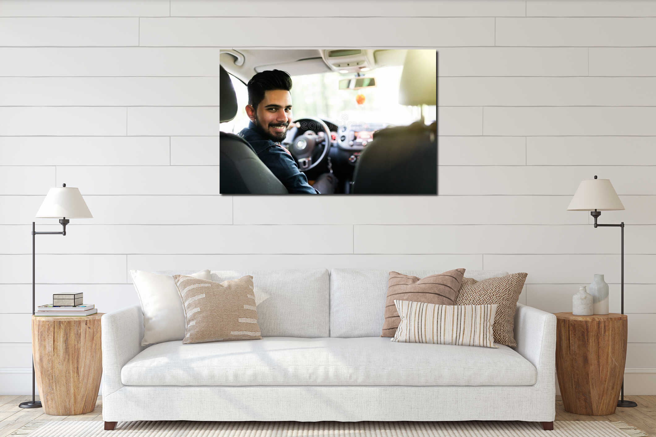 Young handsome indian man in his car. Rear view interior mockup