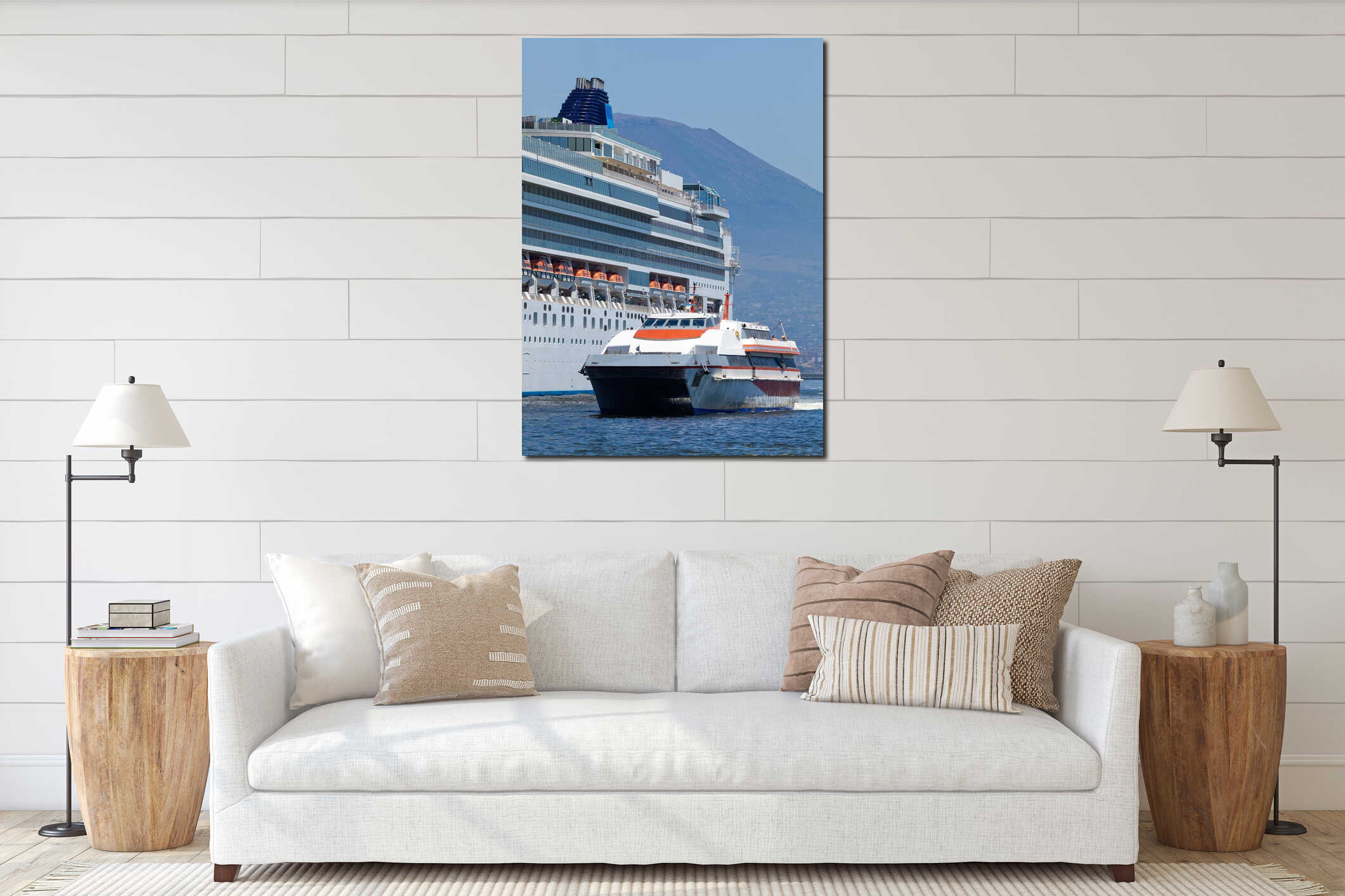 Passenger catamaran and a large cruise ship interior mockup