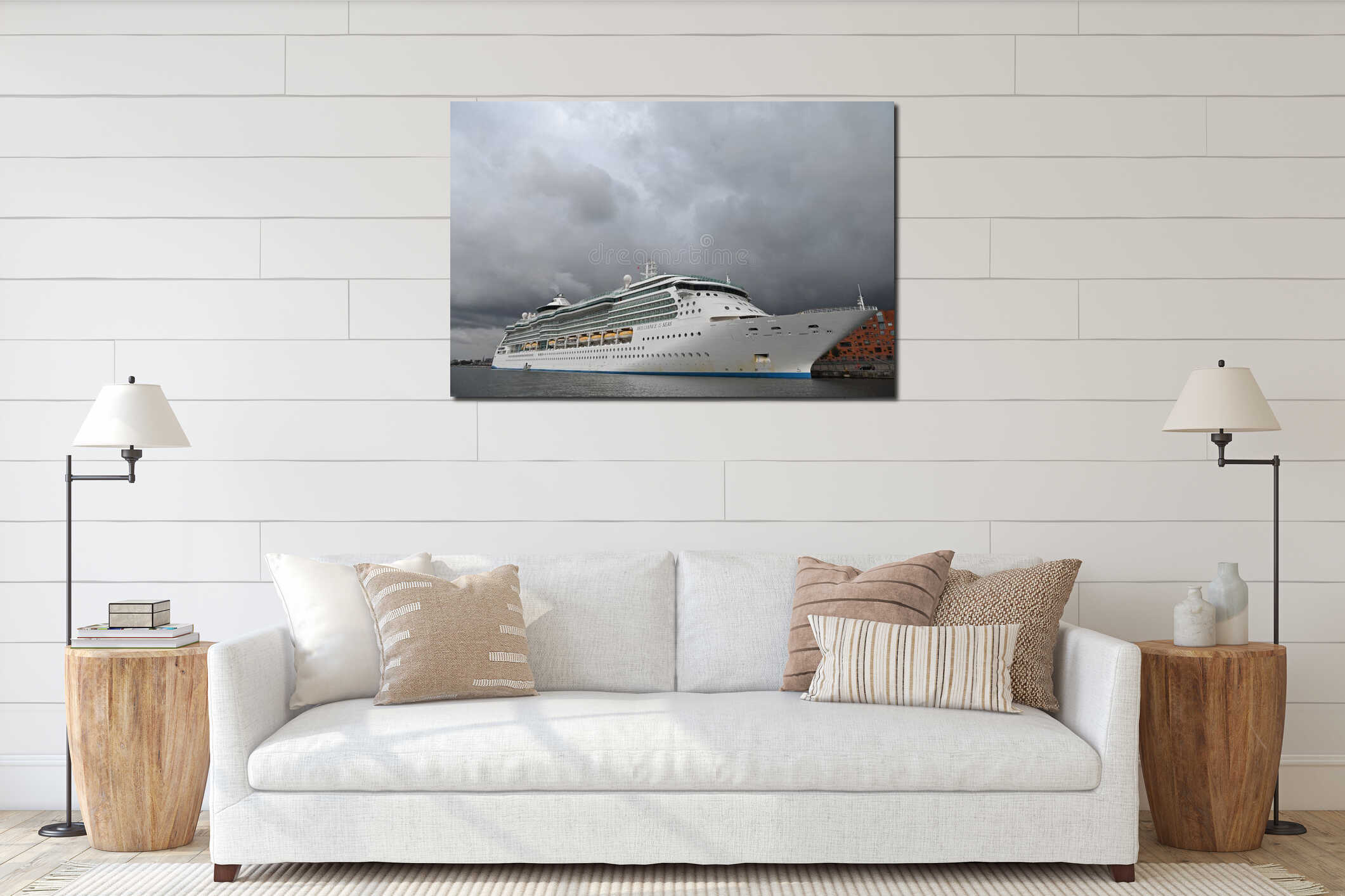 Large Cruise Ship docked in bad weather interior mockup