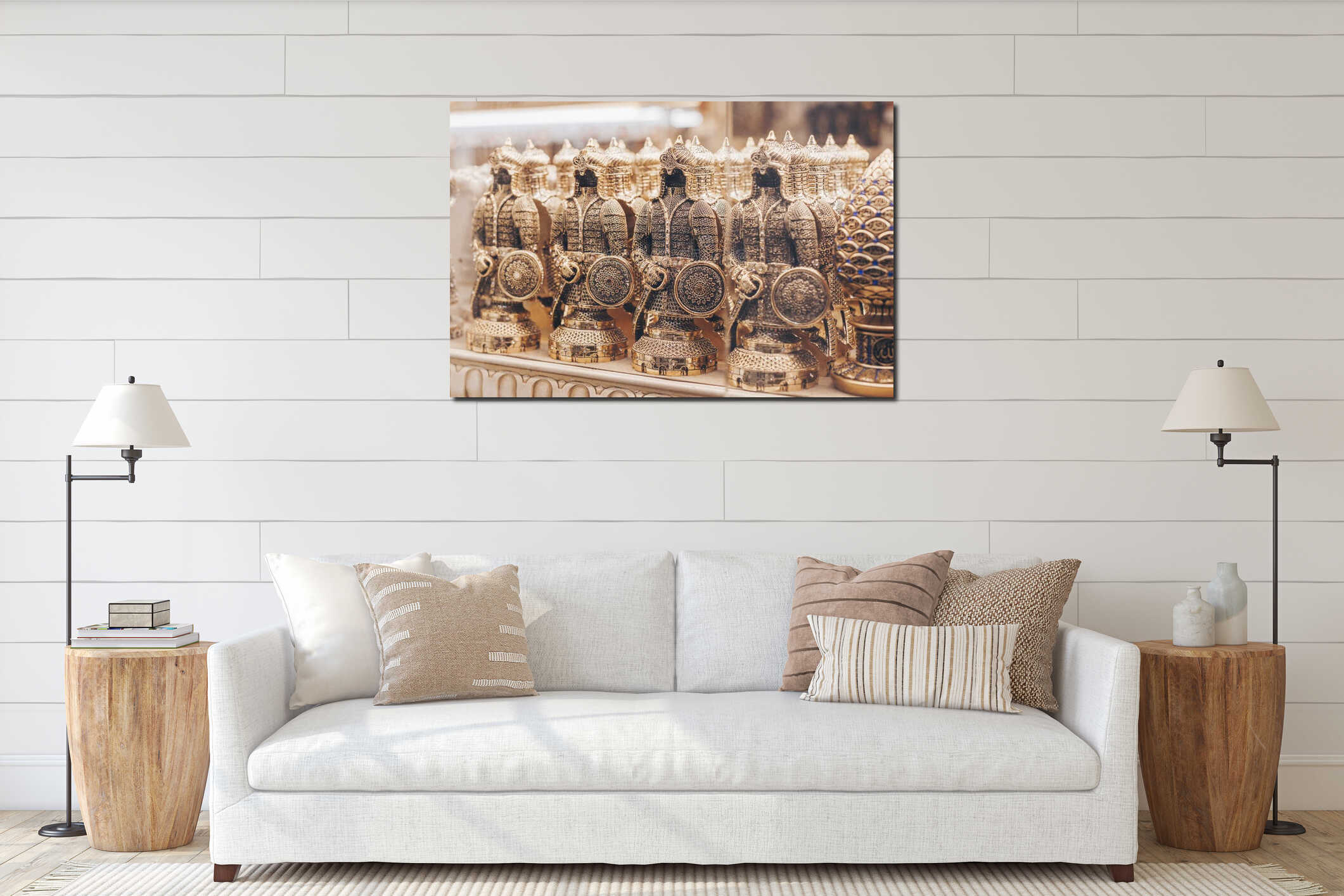 Turkish traditional metal knights armor. Souvenir statuettes in the shop showcase. Souvenir from Istanbul, Turkey 2019 interior mockup