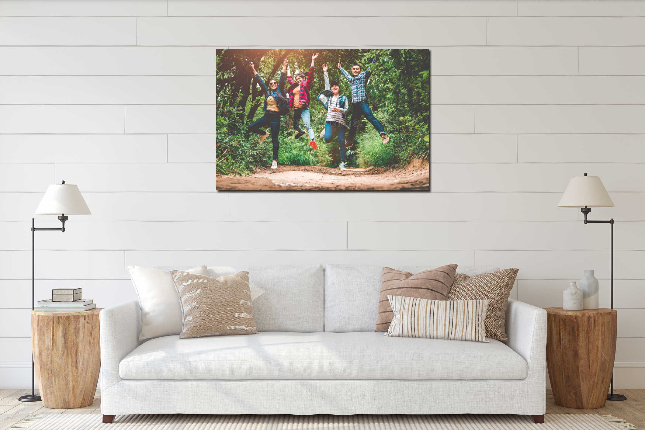 Group of happy Asian teenage adventure traveler trekkers group jumping together in mountain at outdoor forest background. Young interior mockup