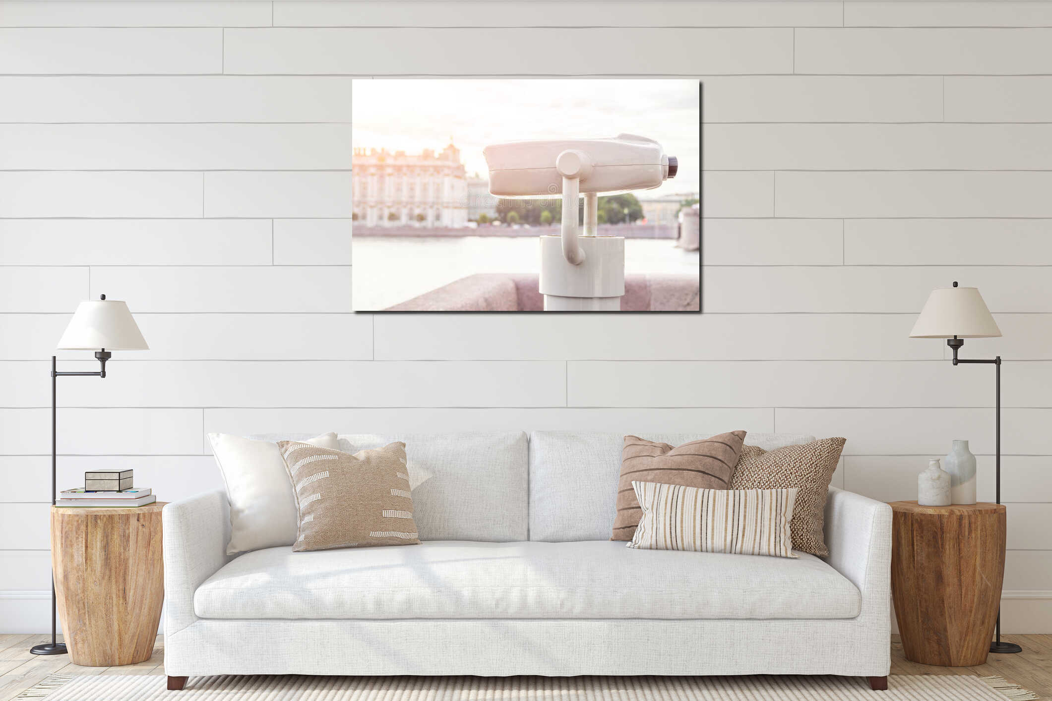 Stationary binoculars. gadgets at viewing platforms. big city binoculars. Watch with binoculars. panorama of the city interior mockup