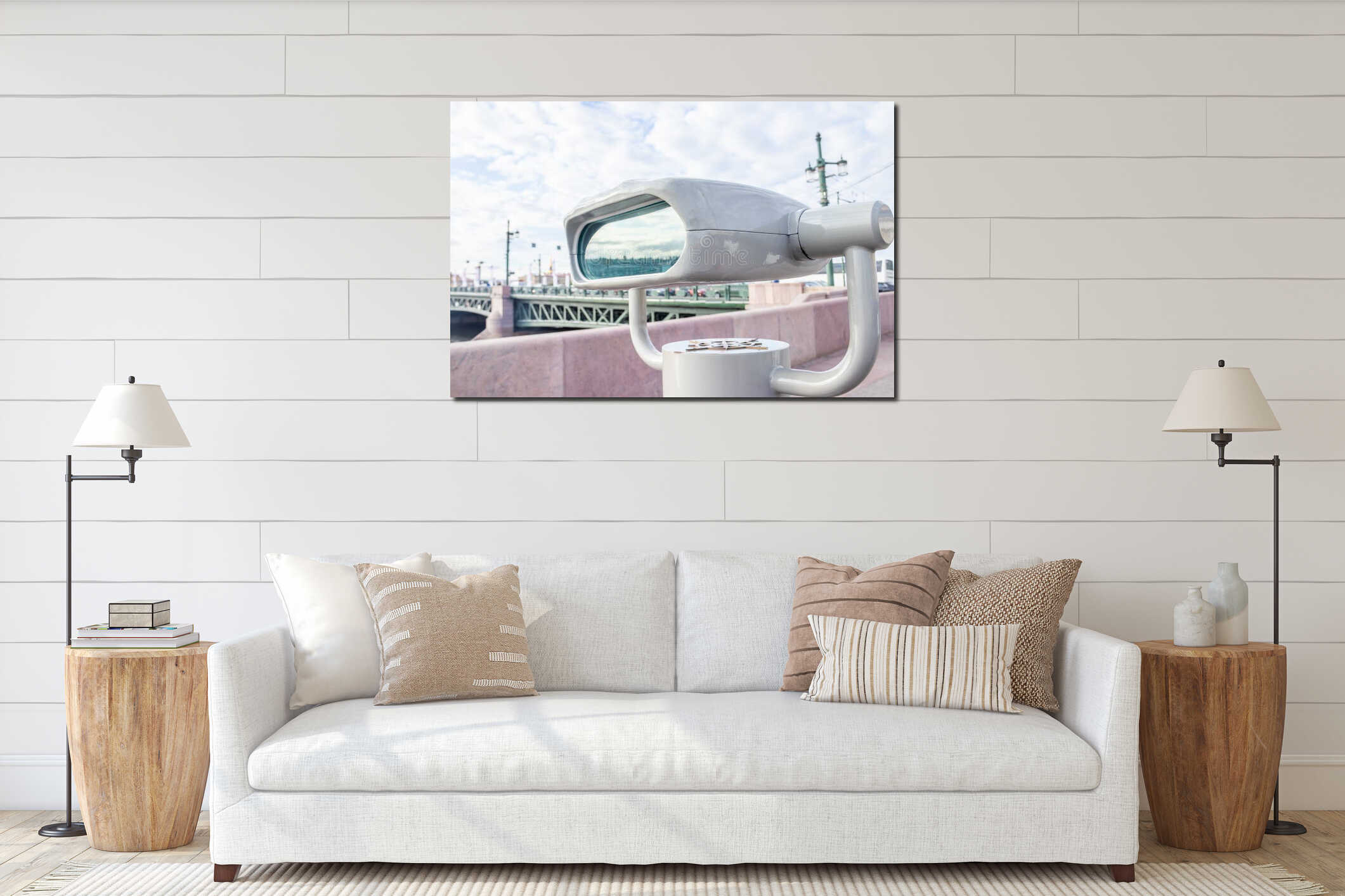 Stationary binoculars. gadgets at viewing platforms. big city binoculars. Watch with binoculars. panorama of the city interior mockup