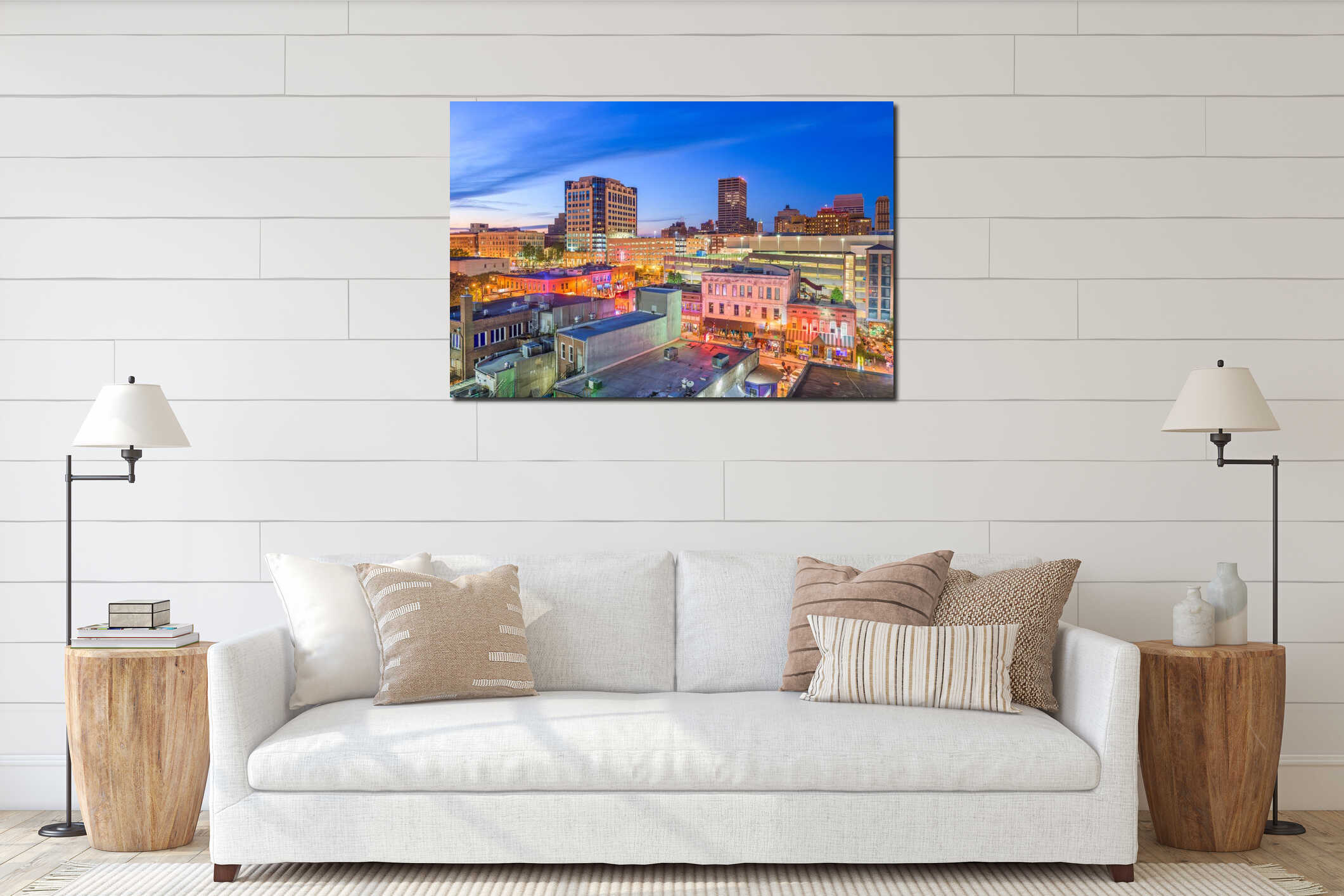 Memphis, Tennesse, USA downtown cityscape at dusk interior mockup