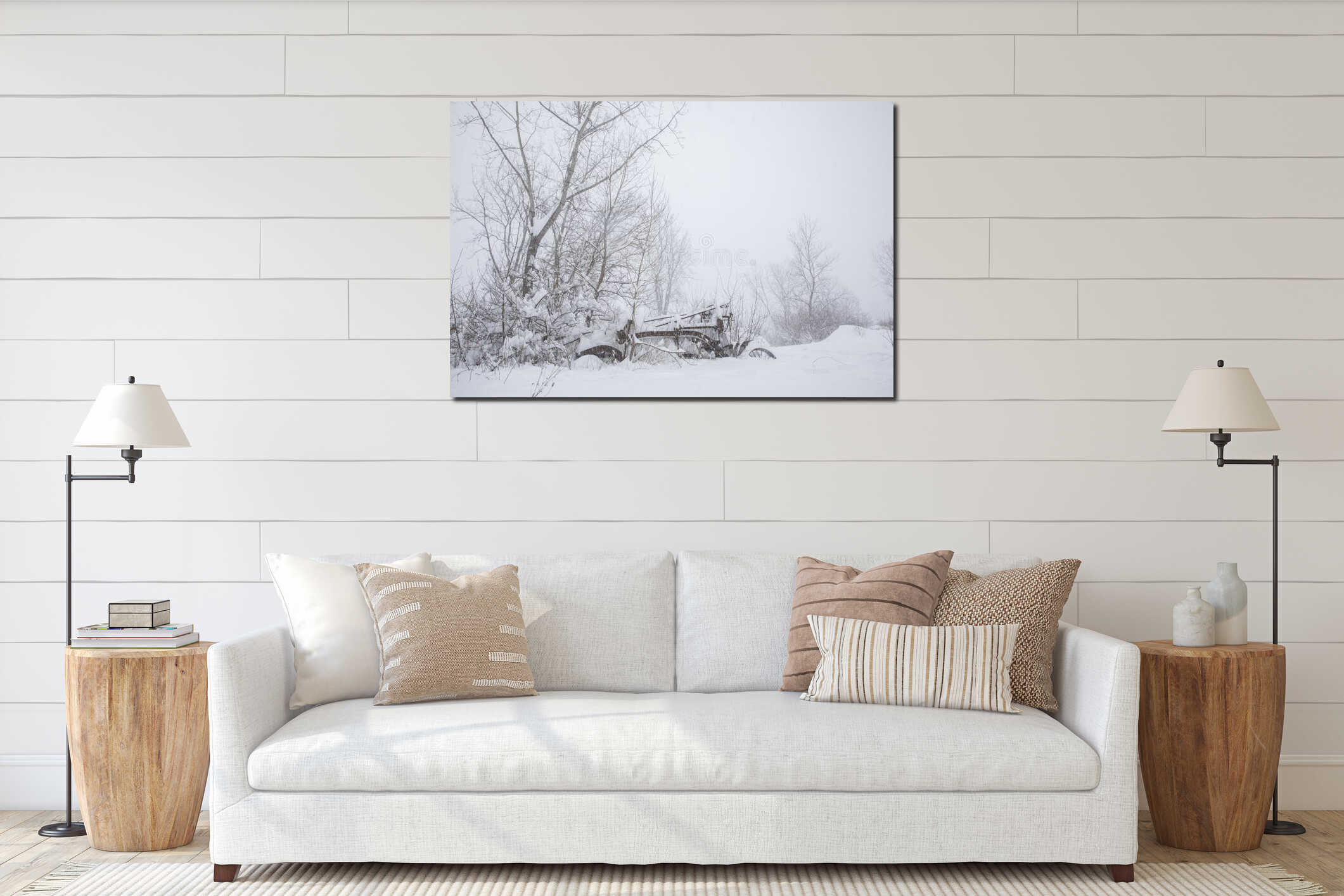 A rusty, vintage piece of farm equipment in a snow storm, Ithaca, NY interior mockup