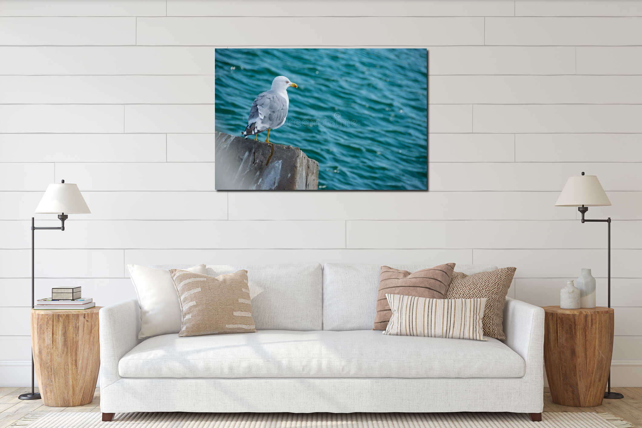 A seagull sits on a stone and looks at the sea interior mockup