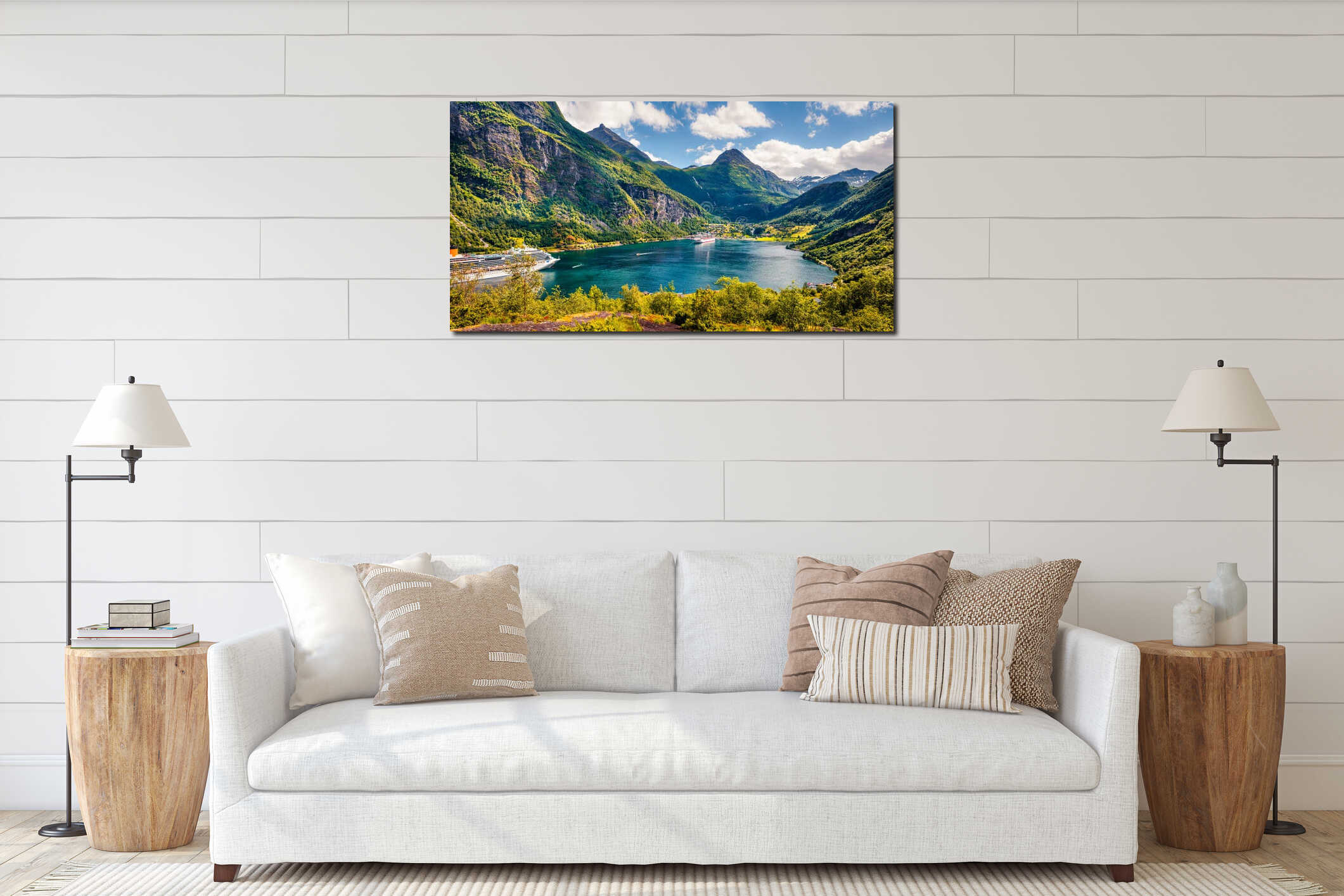 Picturesque summer scene of Geiranger port, western Norway. Colorful view of Sunnylvsfjorden fjord. Traveling concept background. interior mockup