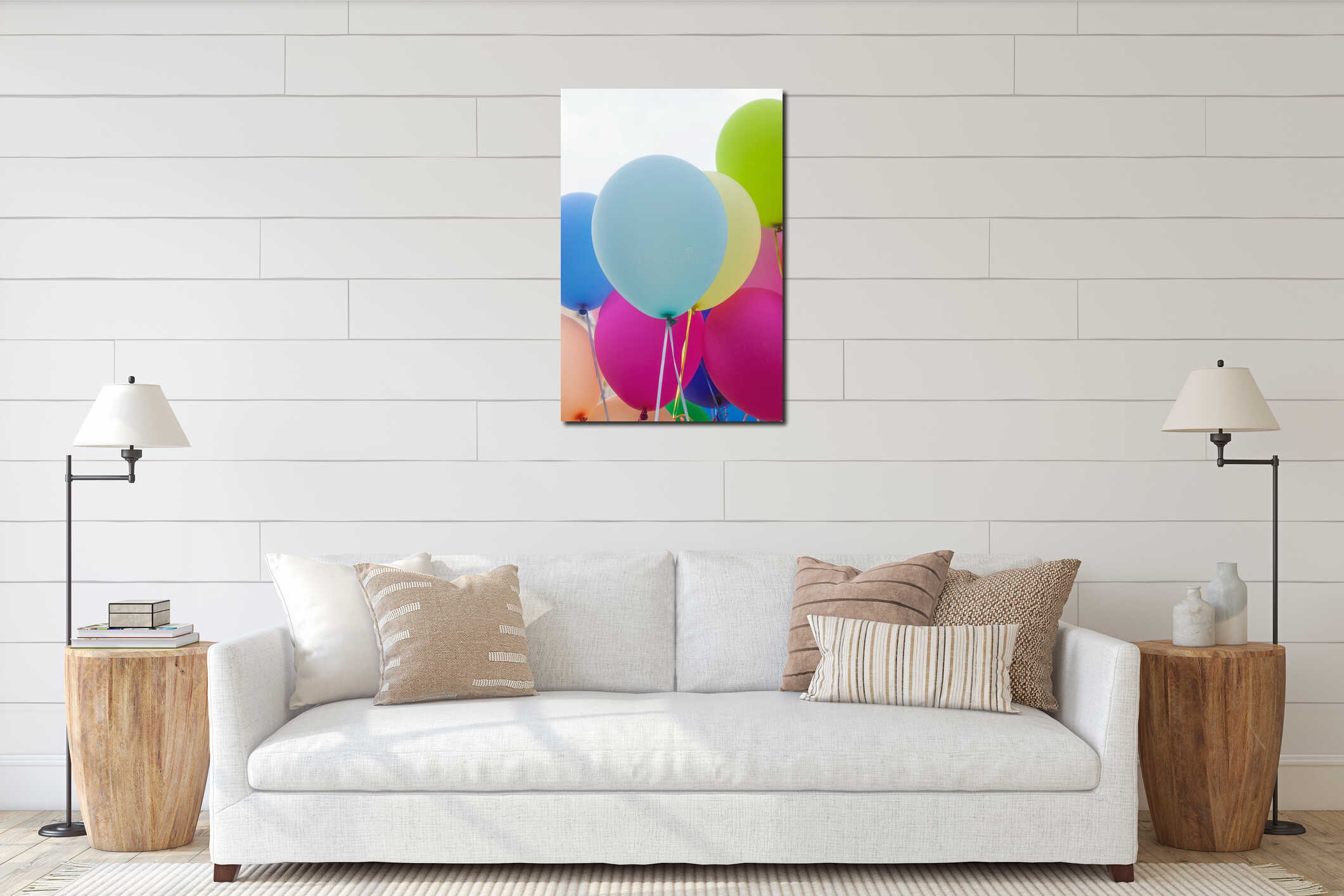 Close up of a bunch of colorful balloons interior mockup