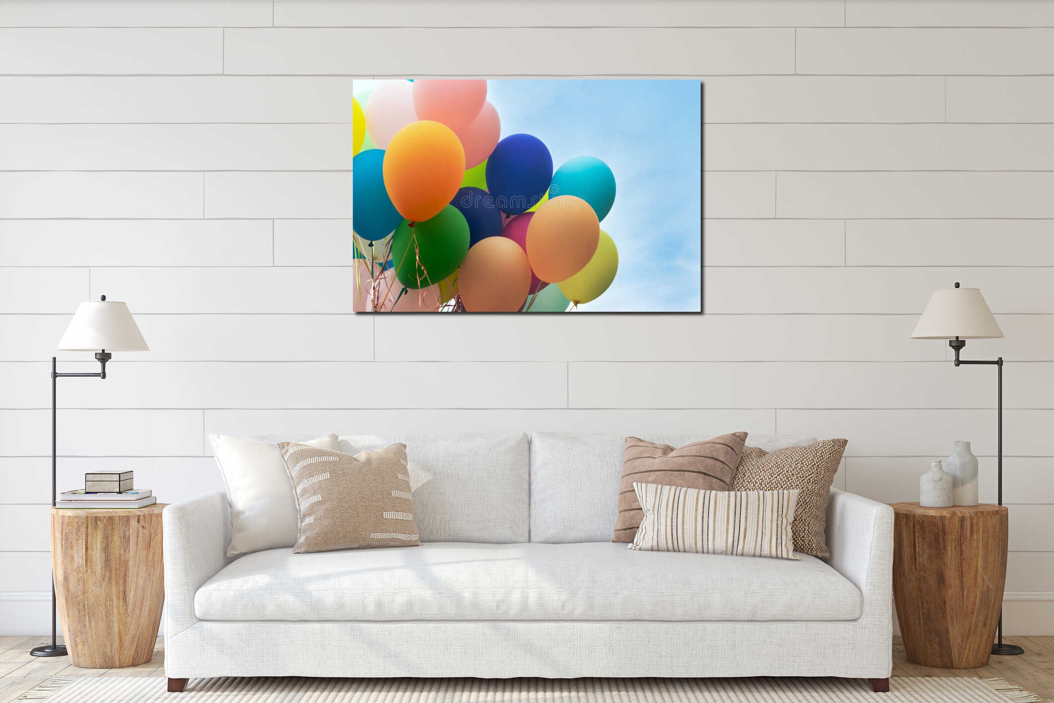 Close up of a bunch of colorful balloons interior mockup