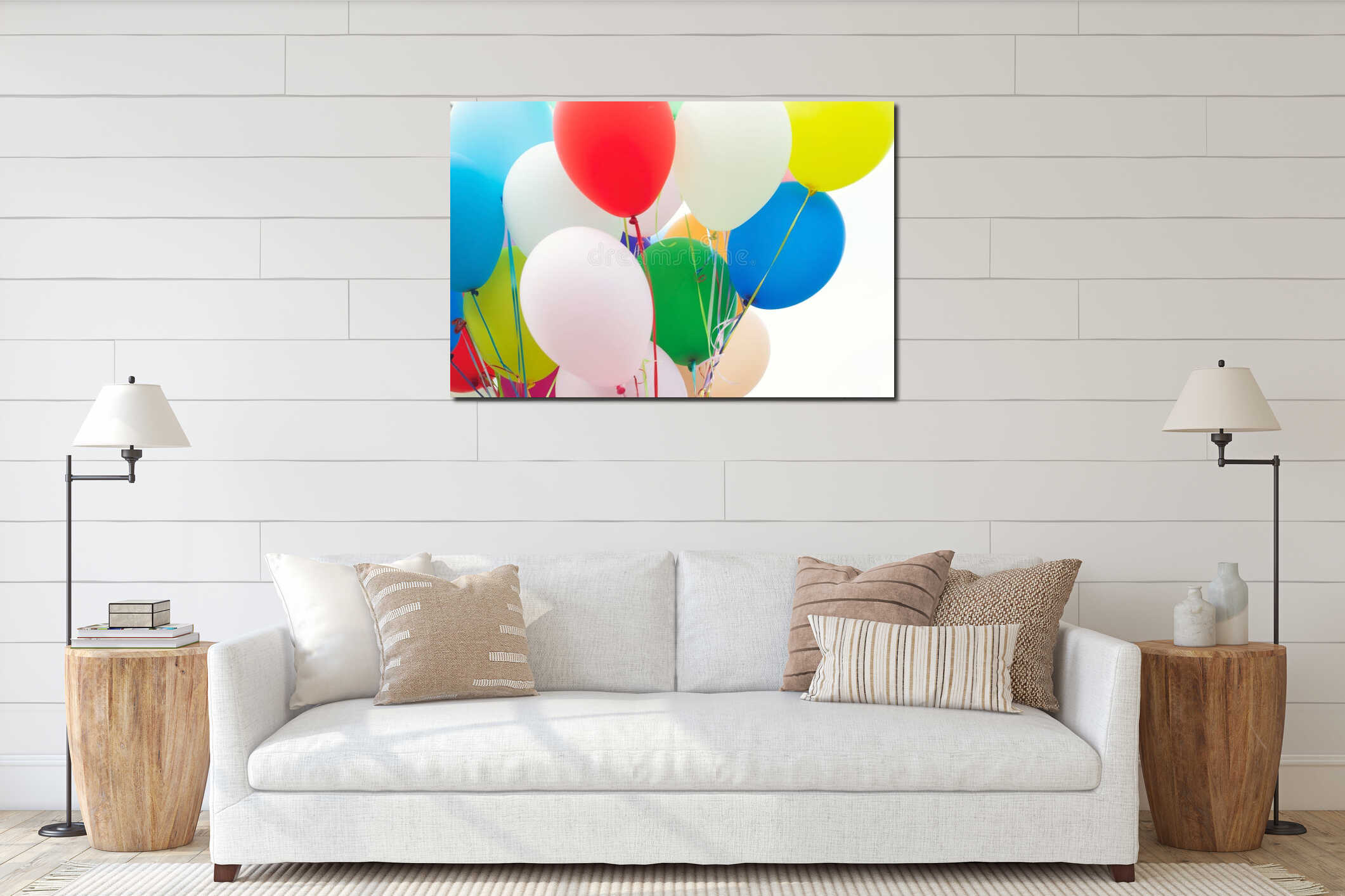 Close up of a bunch of colorful balloons interior mockup