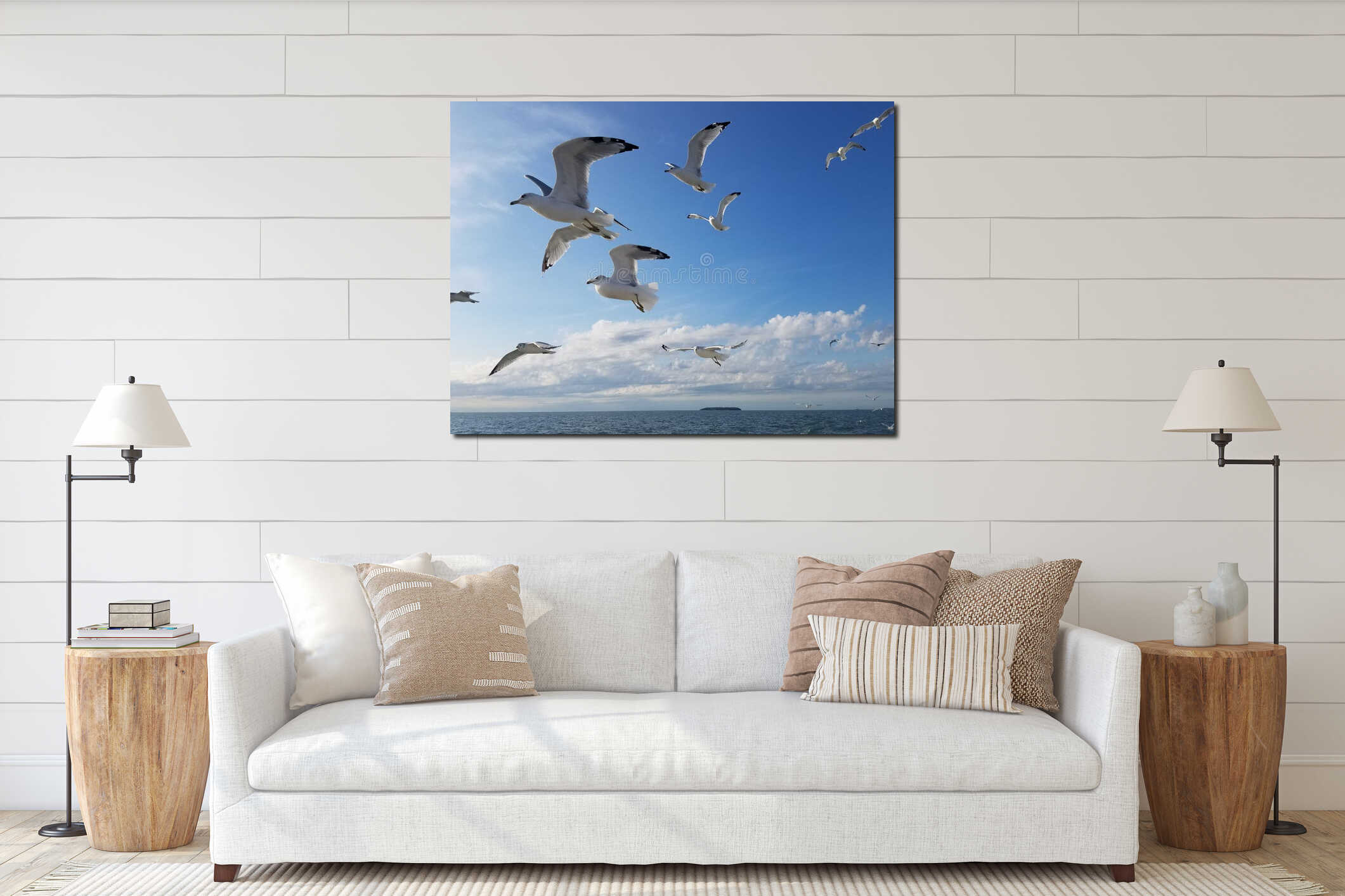 A flock of seagulls in flight interior mockup