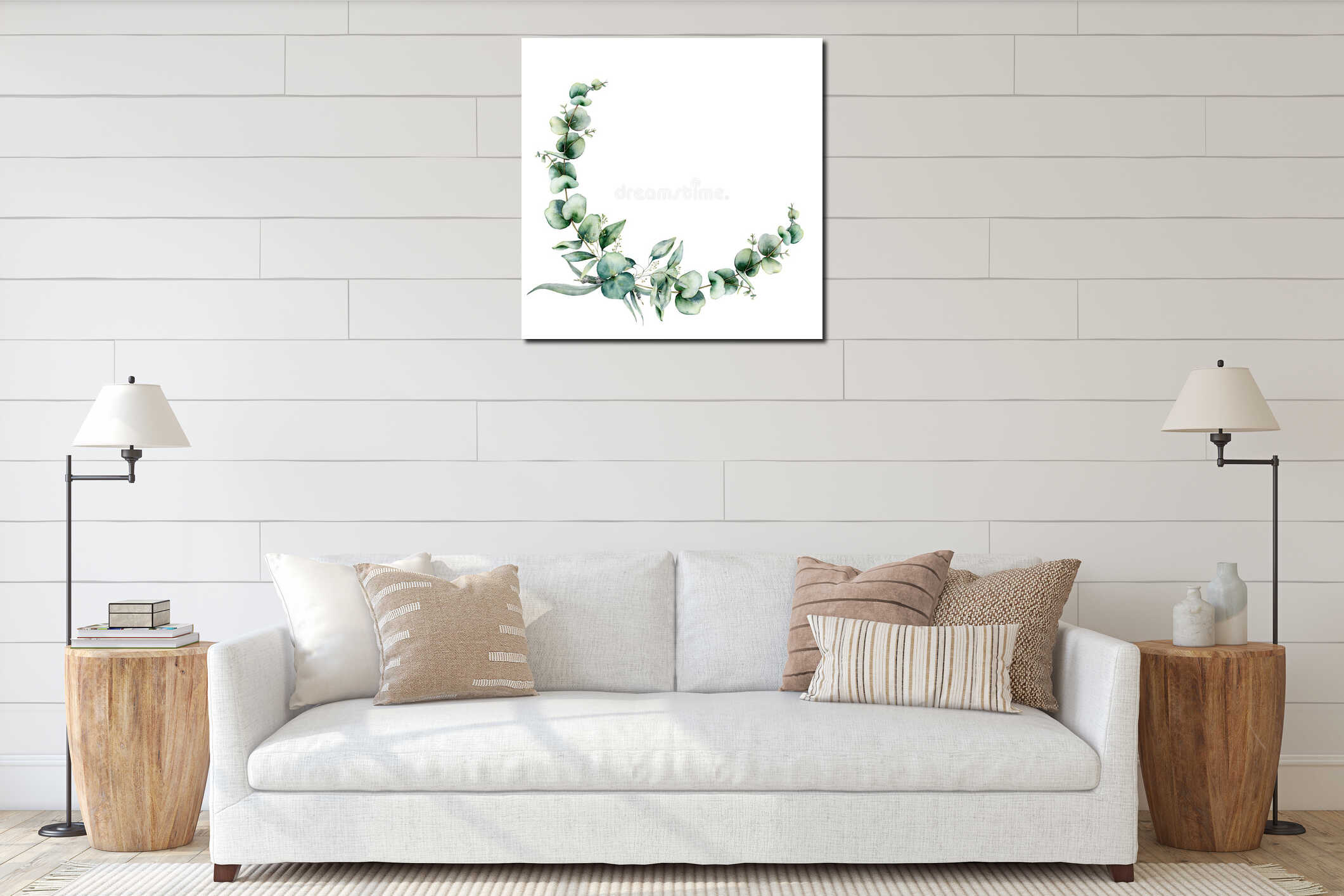 Watercolor floral wreath with eucalyptus leaves. Hand painted illustration with branches and leaves isolated on white interior mockup