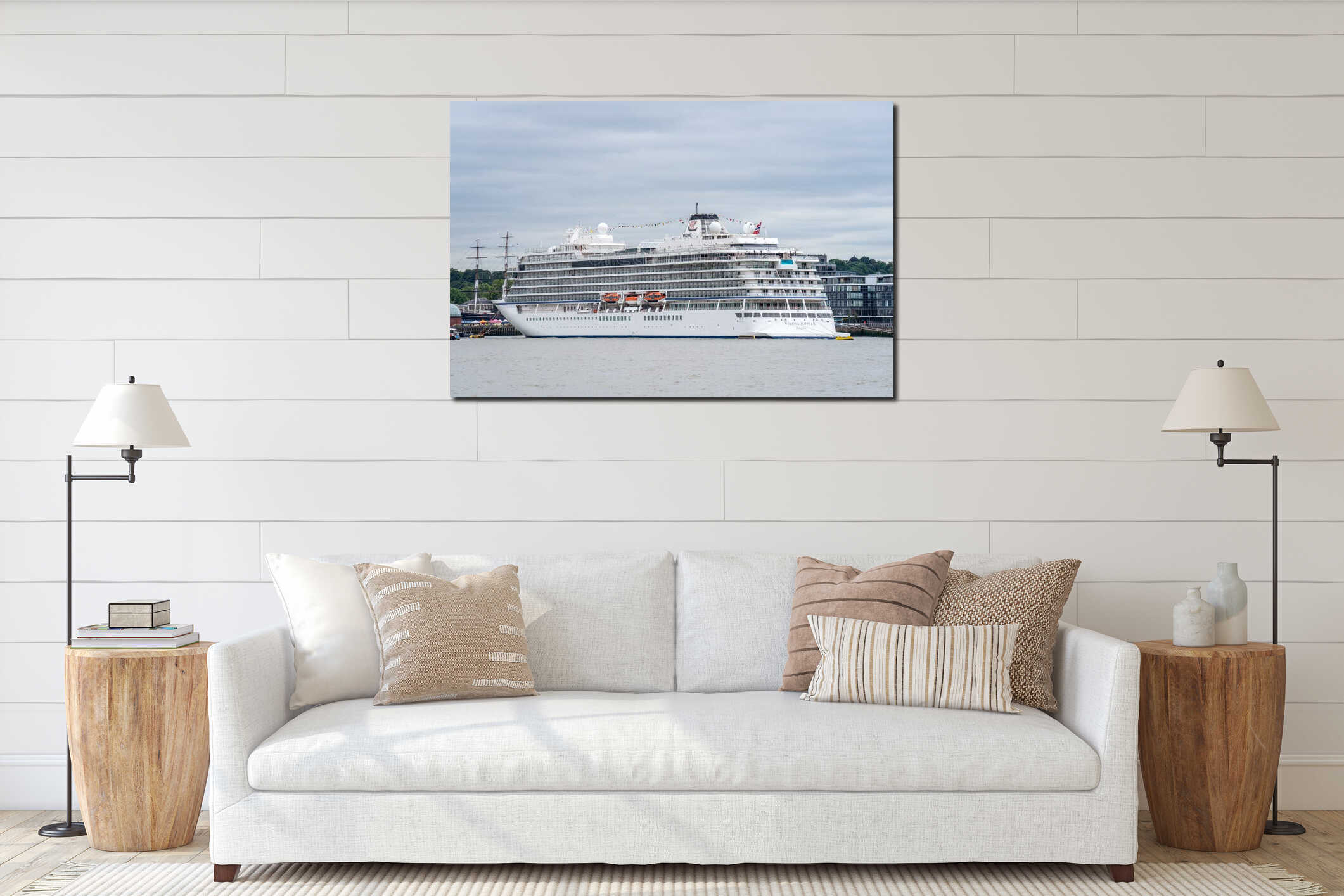 London, UK, July 14, 2019. The Viking Jupiter cruise liner, belonging to the Viking Cruise Line, docked at Greenwich interior mockup