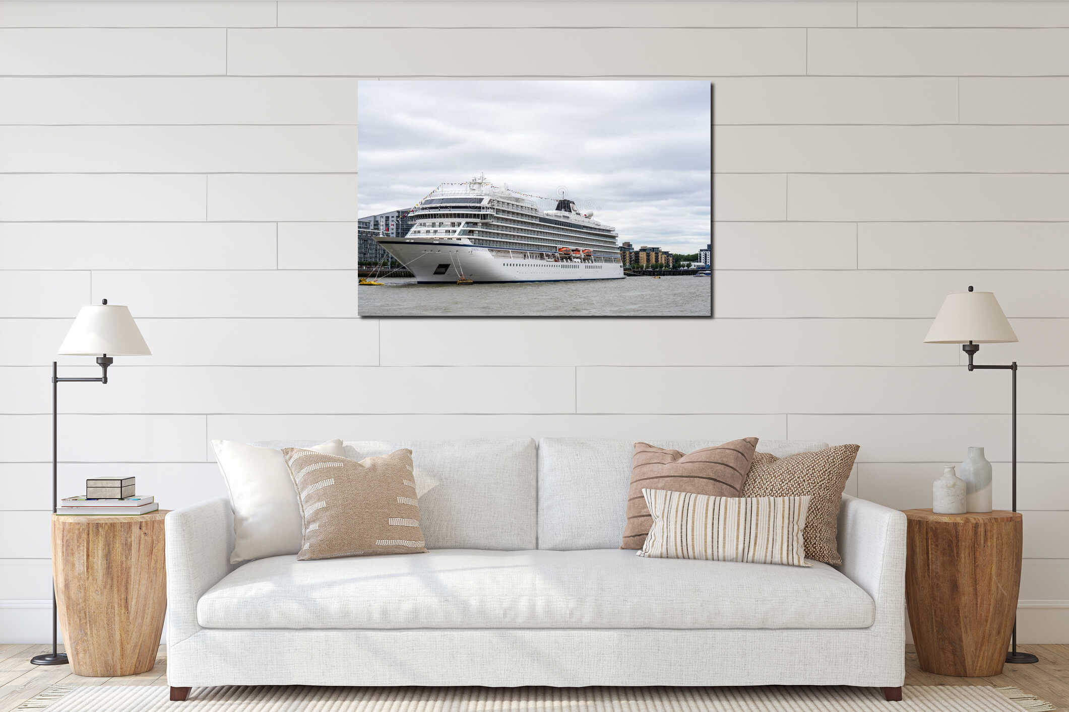 London, UK, July 14, 2019. The Viking Jupiter cruise liner, belonging to the Viking Cruise Line, docked at Greenwich interior mockup