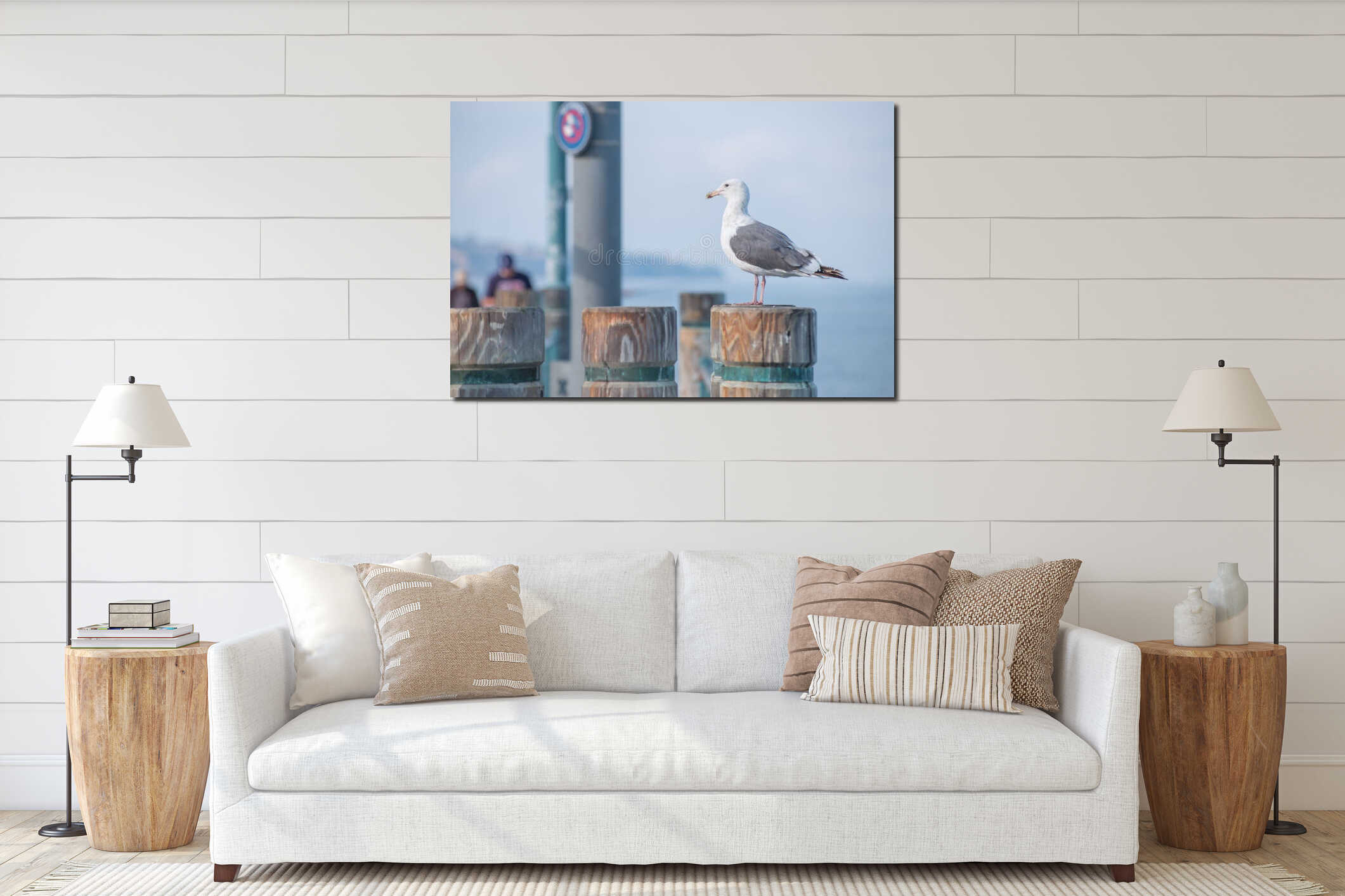 Seagull sitting on a pier interior mockup