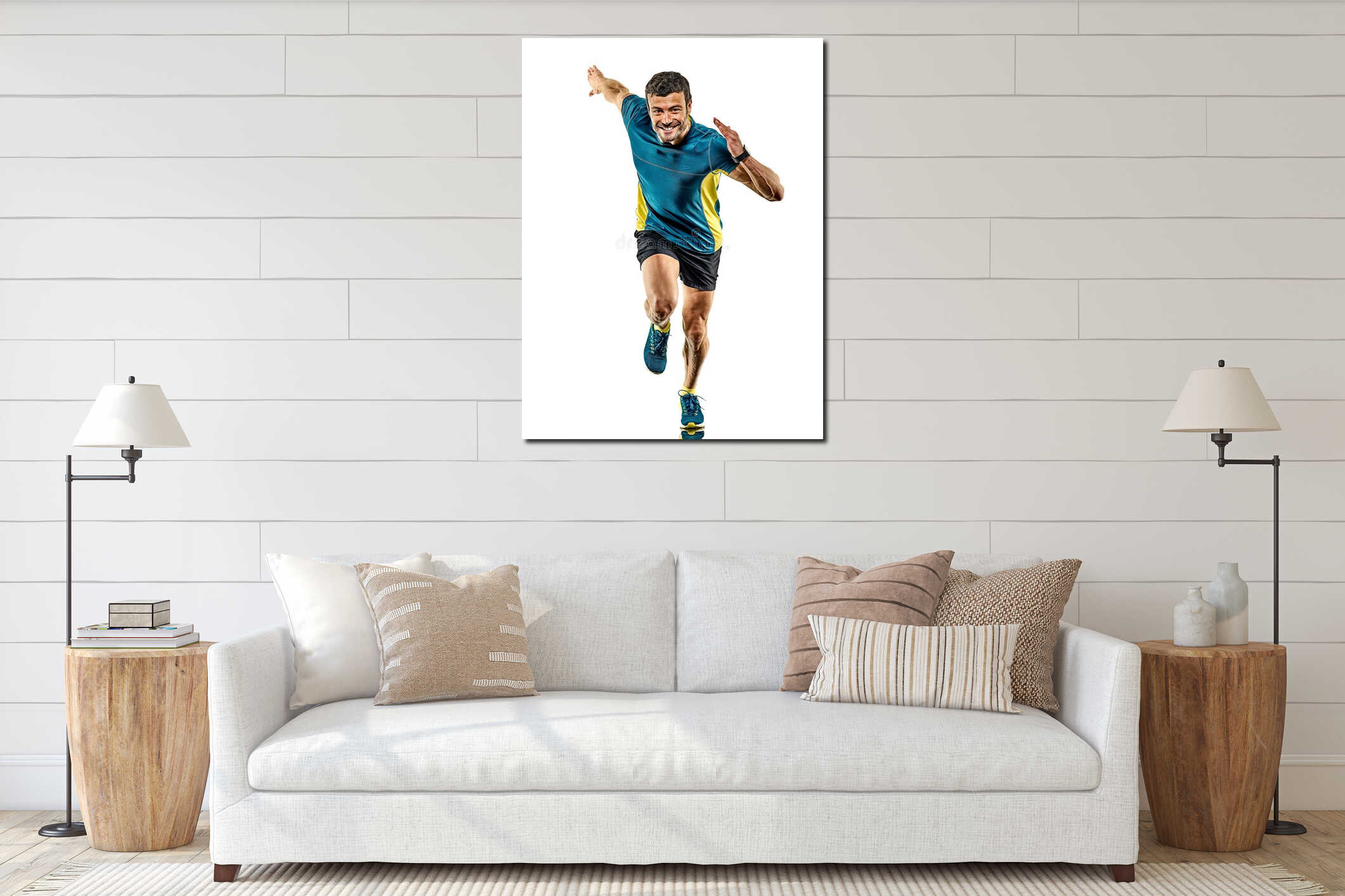 Mature man running runner jogging jogger isolated white background interior mockup