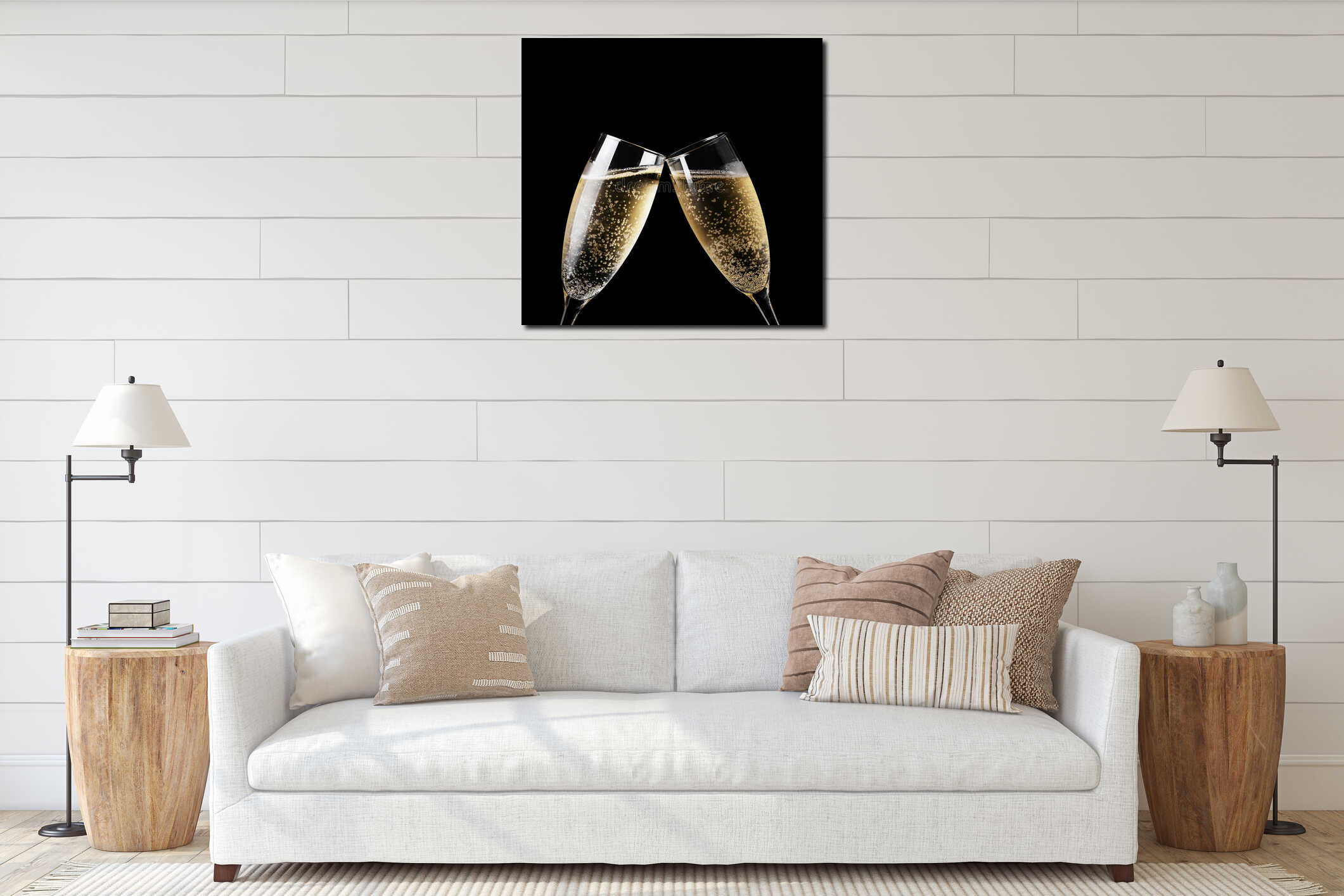 Two glasses of champagne toasting isolated interior mockup