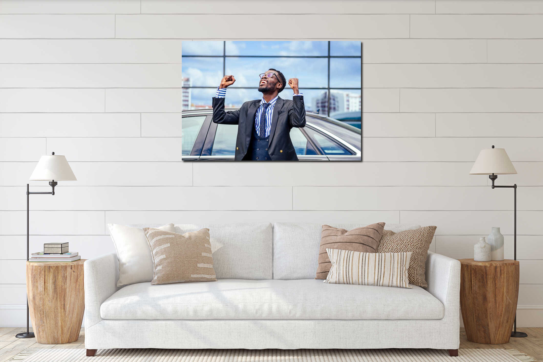 Happy lucky and successful afro american businessman proud of himself and enjoying success ahead of the car. concept of interior mockup