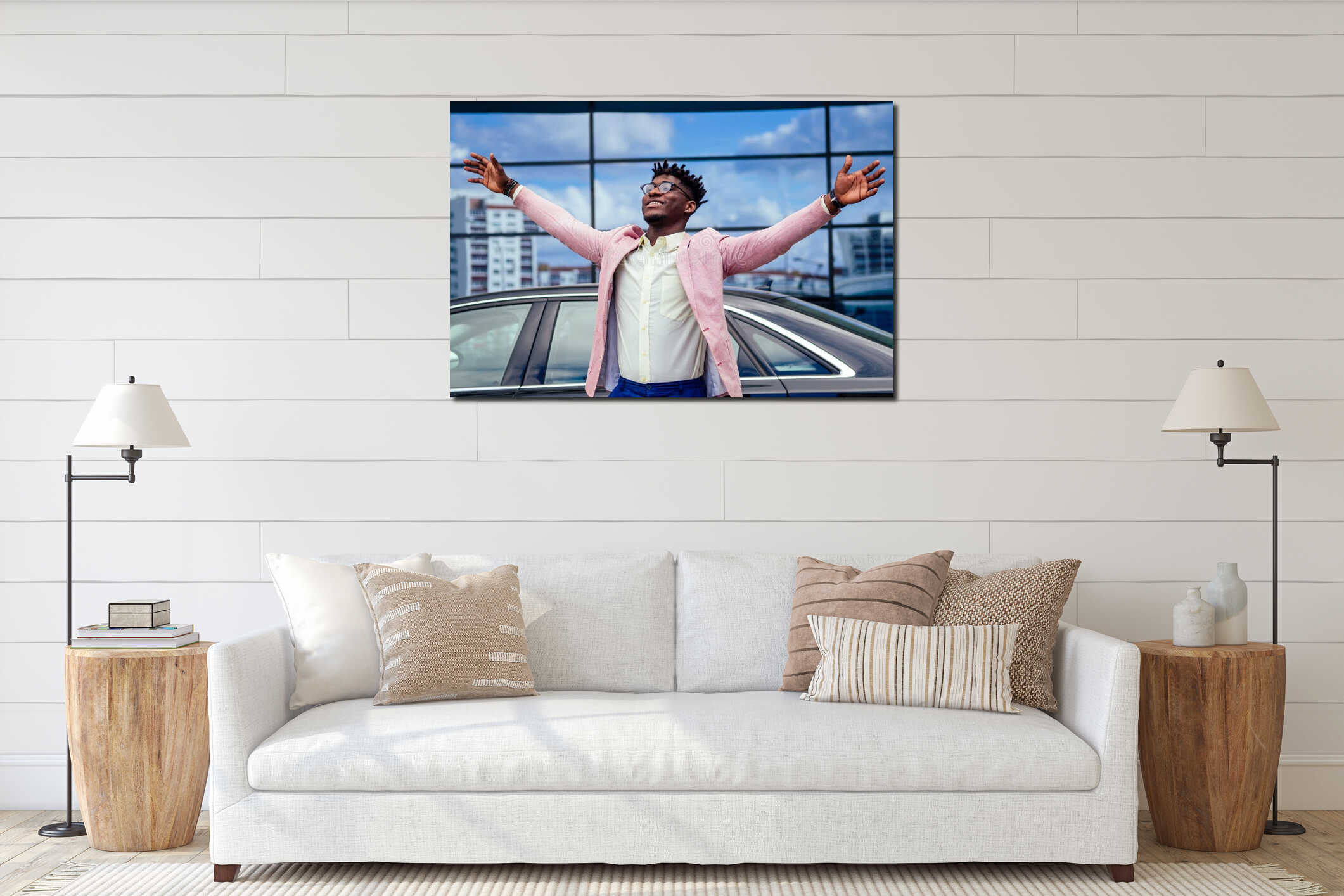 Happy and successful afro american businessman rejoices and enjoying success ahead of the car. concept of a good deal interior mockup