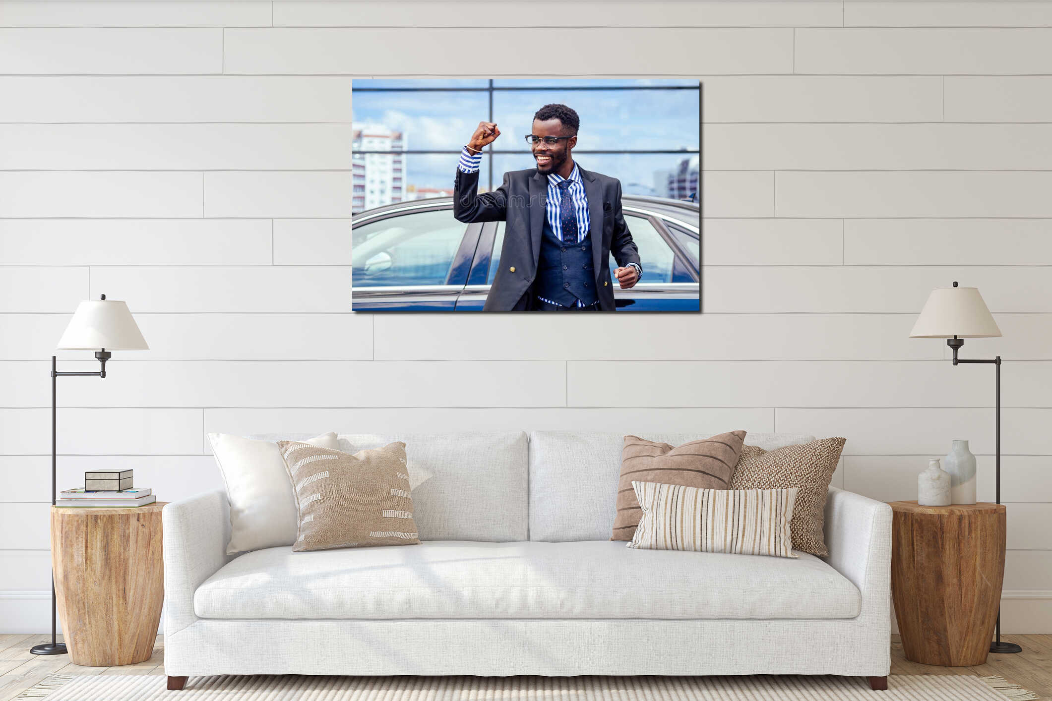 Happy and successful afro american businessman rejoices and enjoying success ahead of the car. concept of a good deal interior mockup