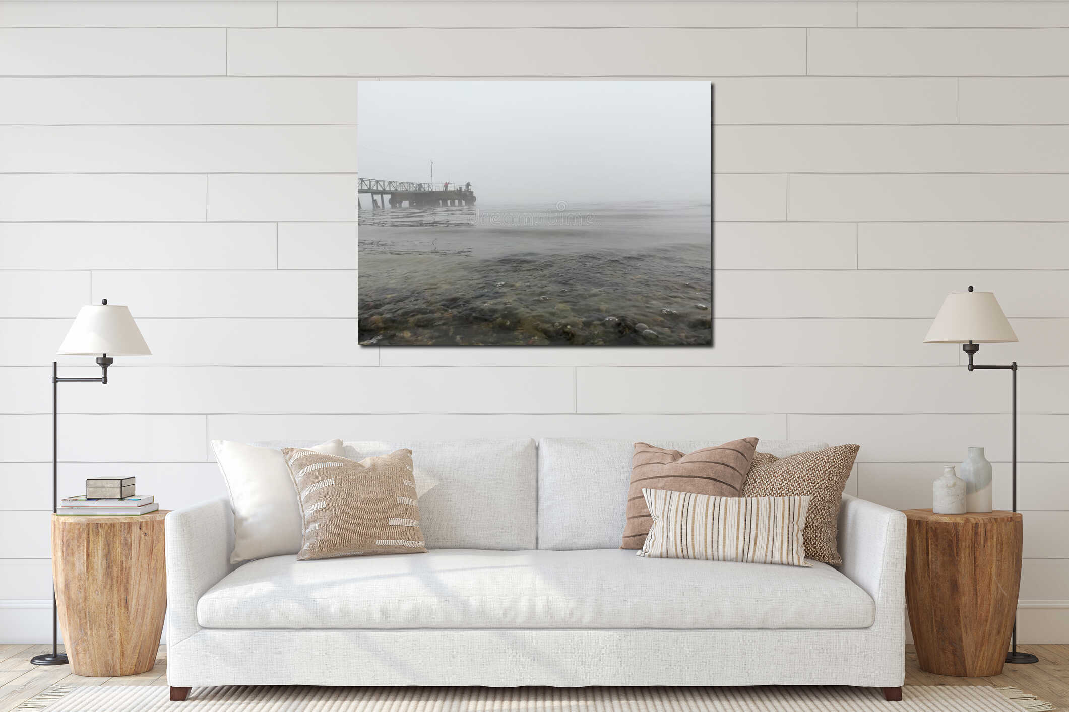 Autumn haze, cold river and old pier. Beatiful view of foggy river interior mockup